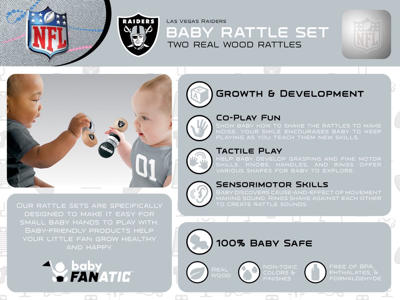 Babyfanatic Wood Rattle 2 Pack - Nfl Las Vegas Raiders - Officially Licensed Baby Toy Set