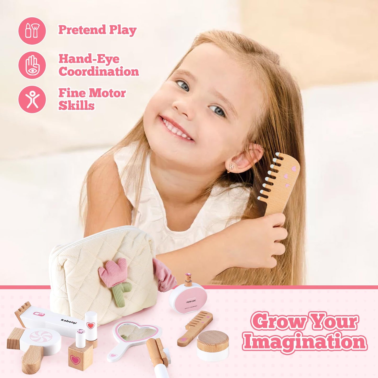Wooden Makeup Toy Set for Toddlers, 16 Pieces Pretend Play Beauty Salon Kit with Styling Tools, Cosmetics and Storage Bag for Ki