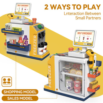 POFJOEQ Cash Register Playset for Kids - 48PCS Pretend Play Money, Calculator, Scanner, Credit Card and Play Food for Boys and G