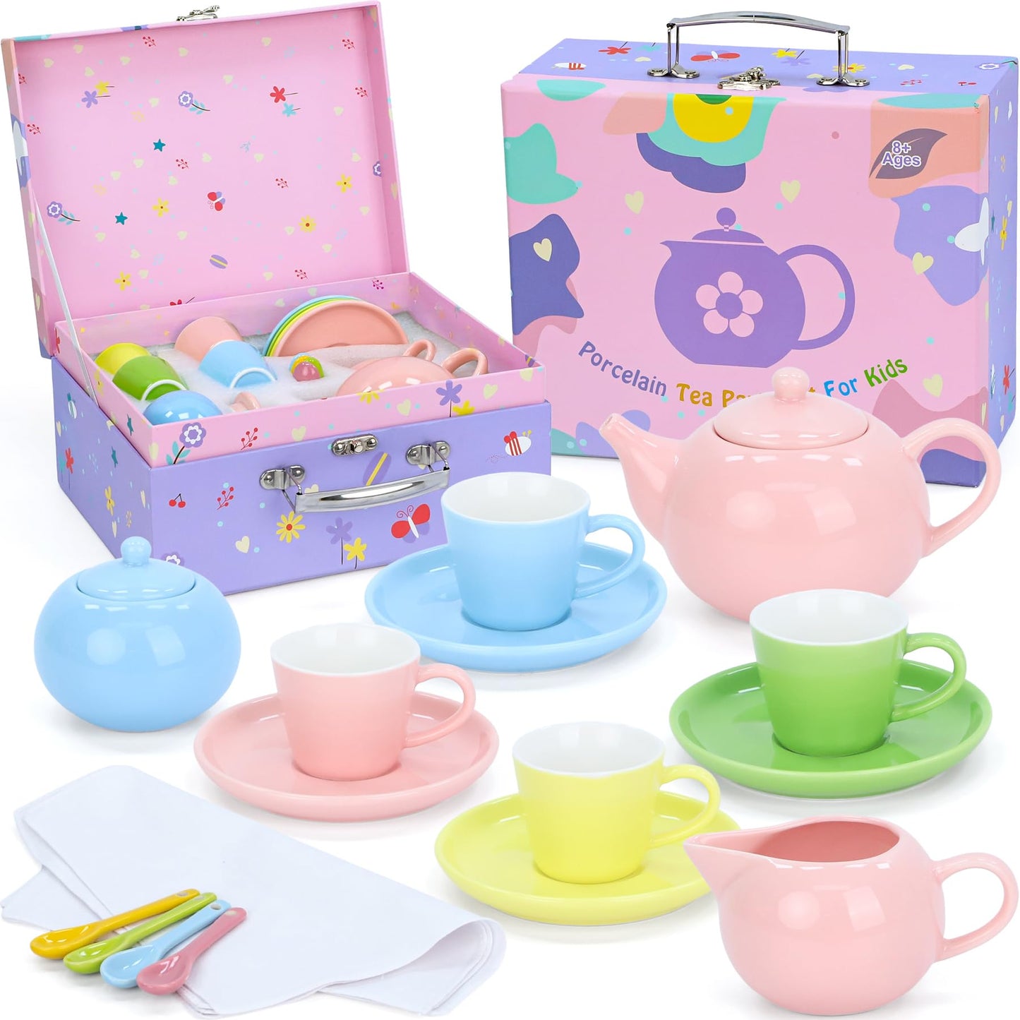 Porcelain Tea Party Set for Girls, PRE-WORLD Princess Tea Time Toy Including Teapot,Saucers,Teacups,Sugar Bowl,Creamer Pitcher,S