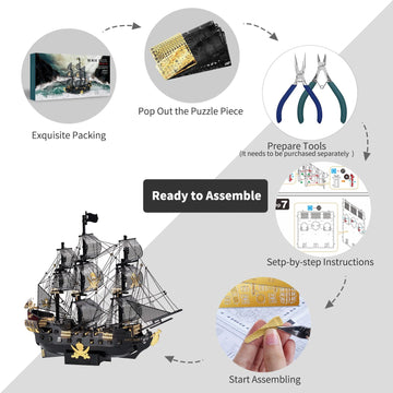 Piececool 3D Metal Puzzles For Adults, Black Pearl Pirate Ship Model Kits With Diy Tools, Watercraft Metal Model Building Kit For Birthday