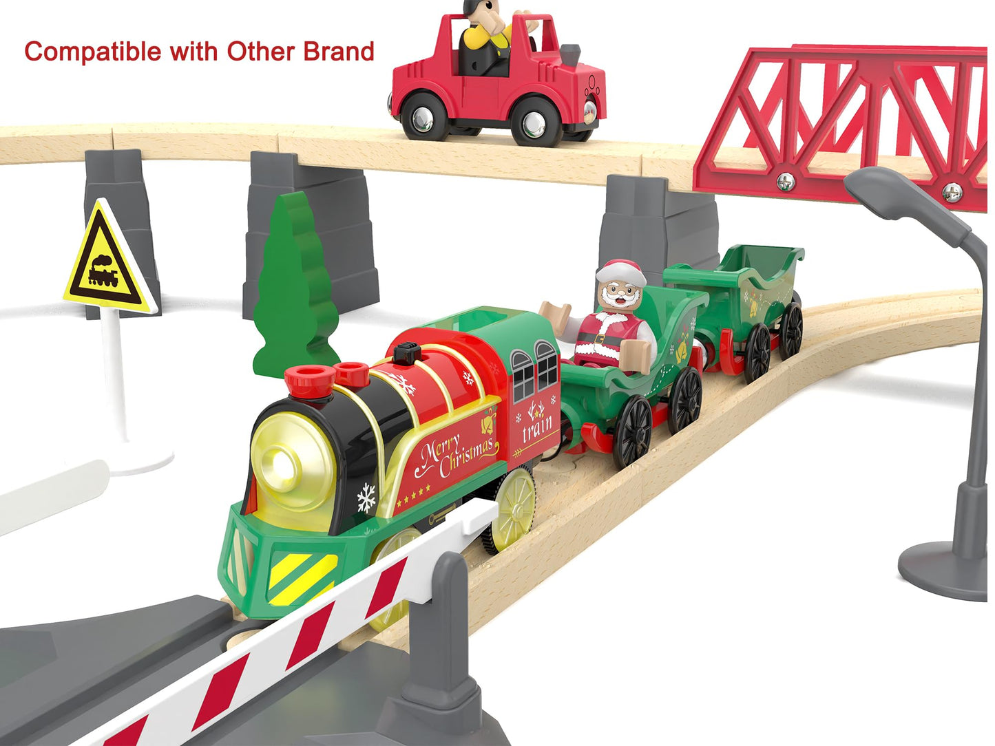 Christmas Train Set For Toddlers, Electric Train Toys For Wooden Tracks, Battery Powered Toy Train Includes Music & Lighting, Motorized Train Compatible With Brio, Thomas & Friends