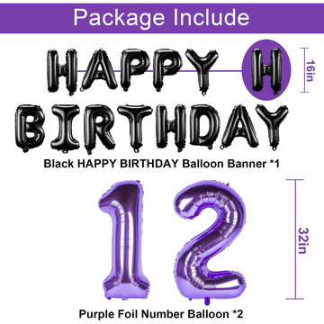 Naninuneno 12Th Birthday Decorations Set For Girl Women Boy Men, Purple Black 12 Happy Birthday Balloons Supplies With Purple Nu