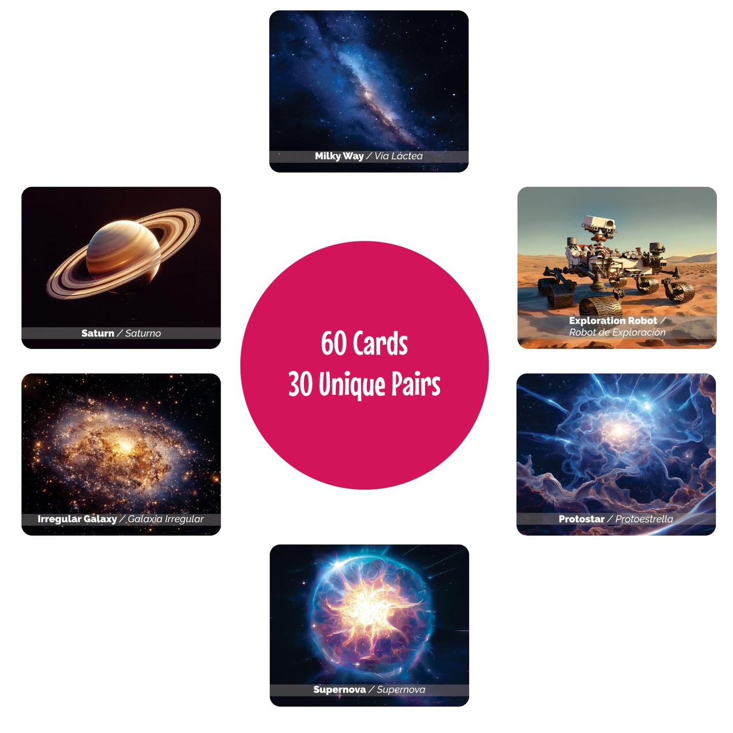 Menique Memory Matching Game – 60 Cards, Bilingual Space Theme – Educational for Kids & Adults, Multicolour, 3.15 x 2.6 inches