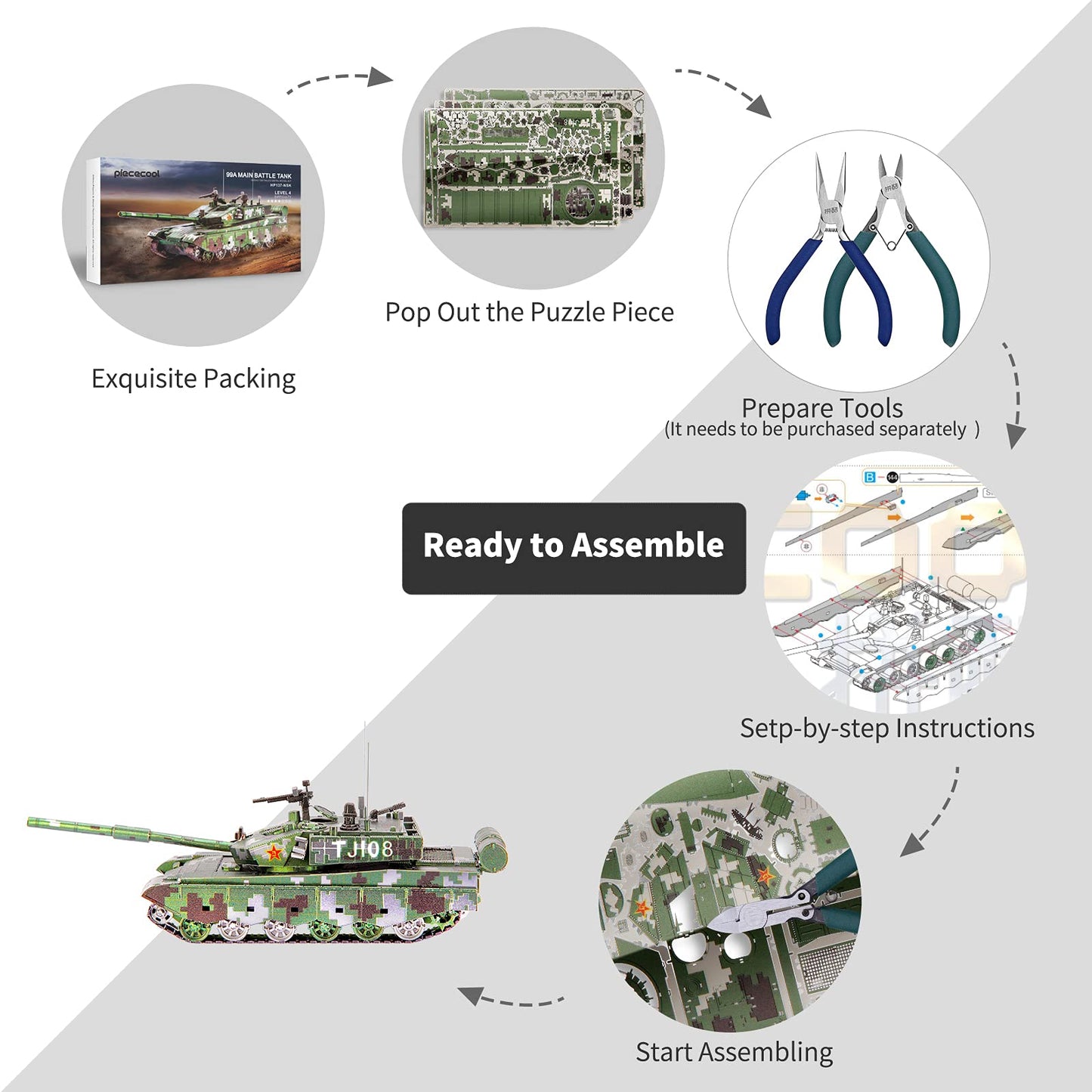 Piececool Metal 3D Puzzles For Adults Or Teens, Military Tank T-90A Diy 3D Metal Model Building Projects Kits Brain Teaser Puzzle - Great Gift Idea,150 Pcs