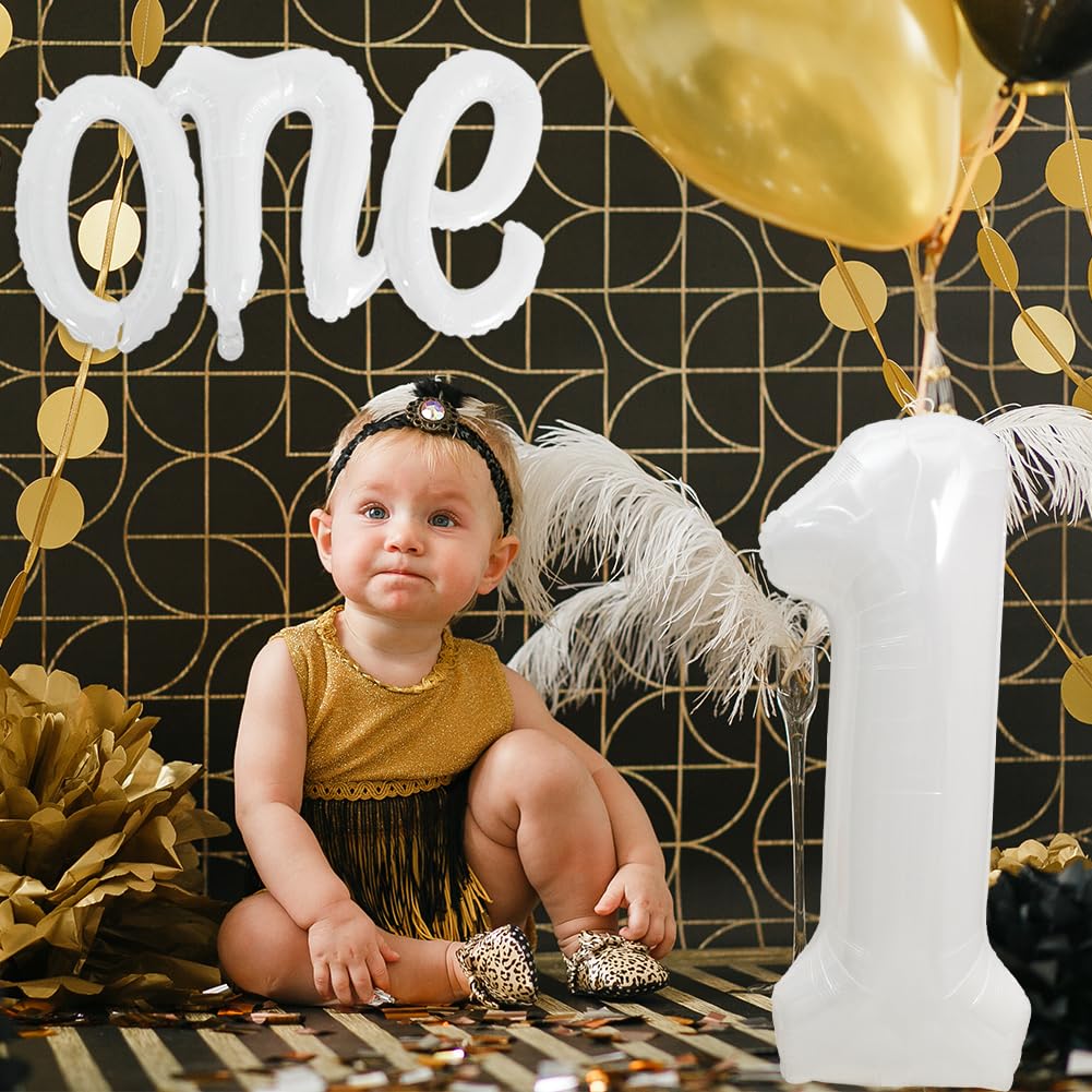 Toniful 40 Inch Giant White Number 1 Balloon,Mylar Foil Script Cursive Letter 1 Balloon Banner For Boys Girls Kids First Birthda