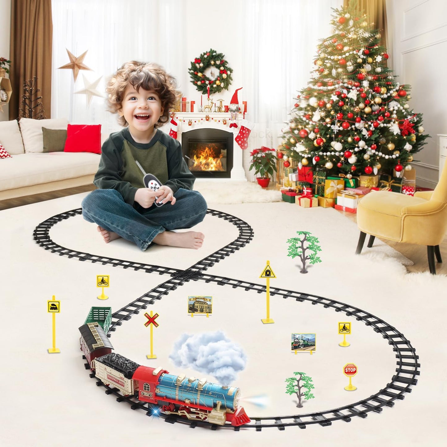 Juqu Train Set For Boys -Remote Control Train Toys-Electric Train W/Smokes, Steam Locomotive W/Lights & Sound, Cargo Car And Tra