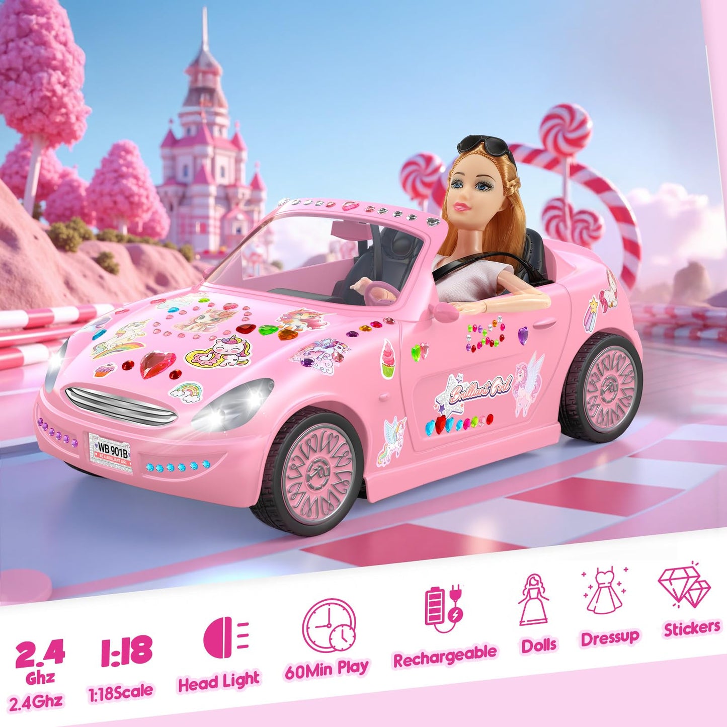 RC Cars, Remote Control Car with Doll and Sticker for Girls,2.4GHz Rechargeable RC Car Birthday Gift for 3 4 5 6 7 8 9 10 Year O