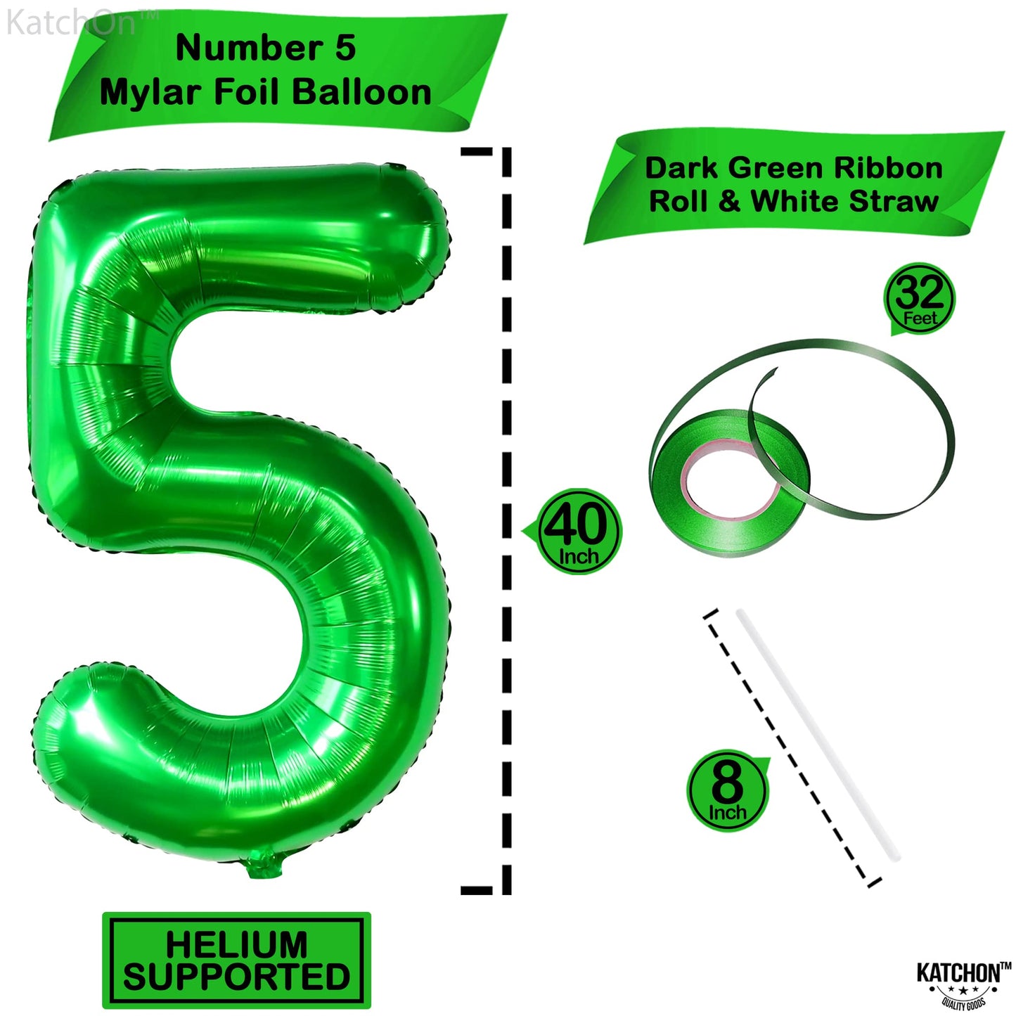 Katchon, Big, Green Five Balloon Number - 40 Inch | Green Number 5 Balloon, 5Th Birthday Decorations For Boys | 5 Year Old Balloon, 5 Year Old Boy Birthday Decorations | Dinosaur Birthday Decorations
