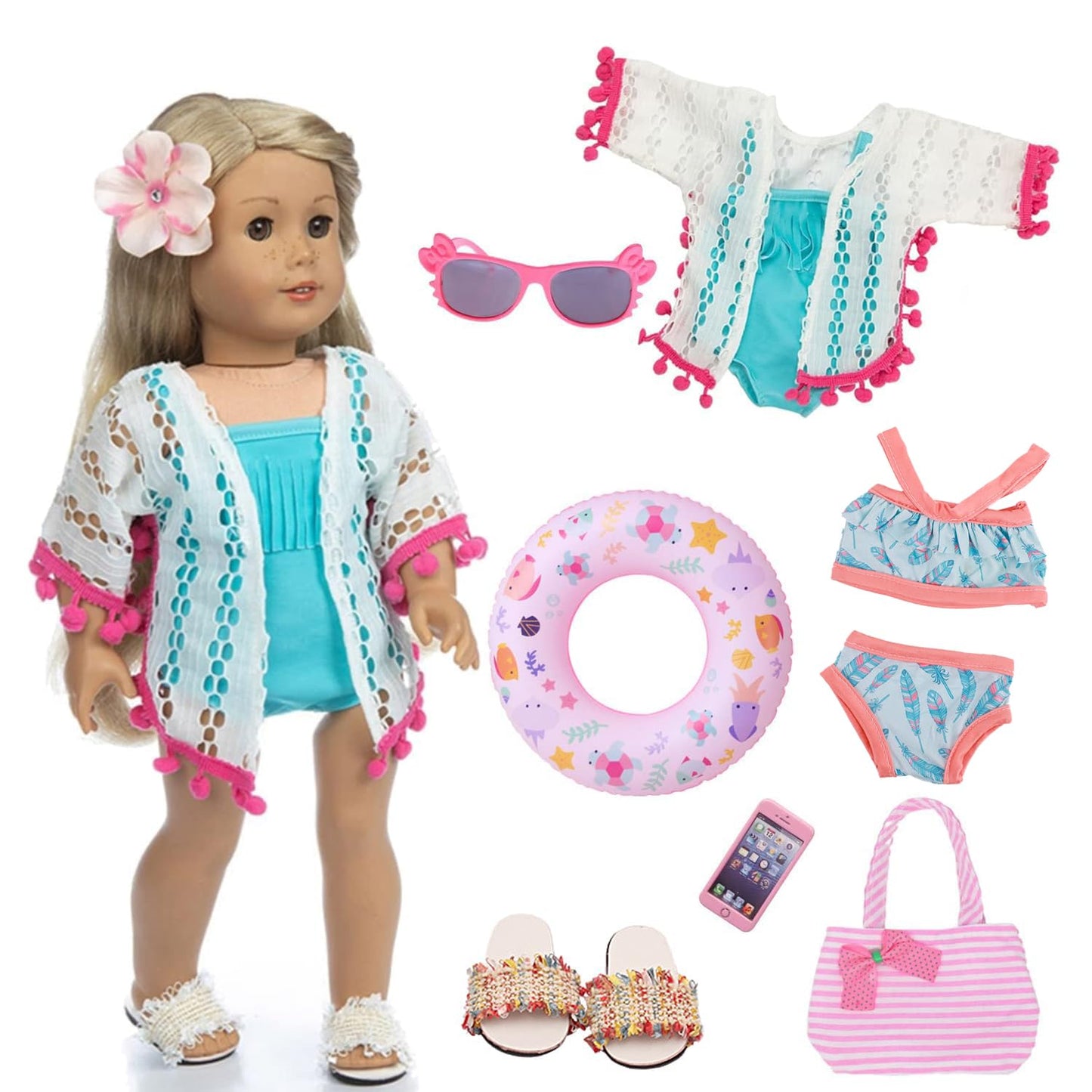 18 Inch American Doll Accessories, 18 Inch Fashion Doll Swimming Play Sets For American 18 Inch Girl Doll Including Doll Clothes Swimsuit Sunglasses Phone Shoes