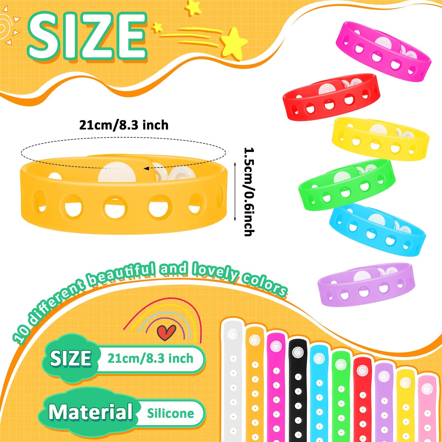 60 Pieces 10 Colors Silicone Bracelets Wristbands 8.3 Inch Cute Plastic Bracelets with Holes Adjustable Rubber Bracelets in Bulk