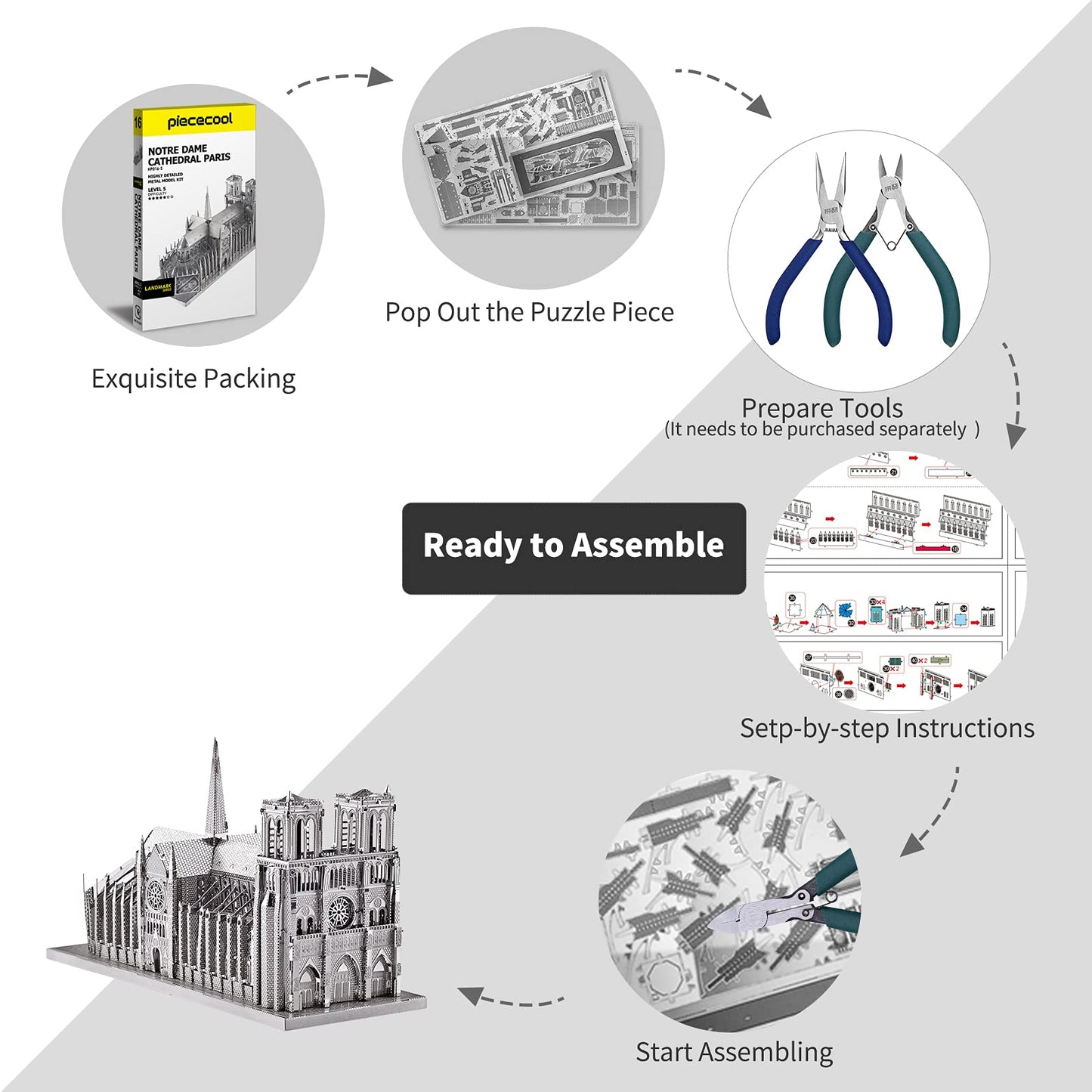Piececool 3D Metal Puzzle For Adults, Notre Dame De Paris Church Metal Model Kit, French Cathedral Architecture Building Kits, Great Birthday Gifts (Silver)