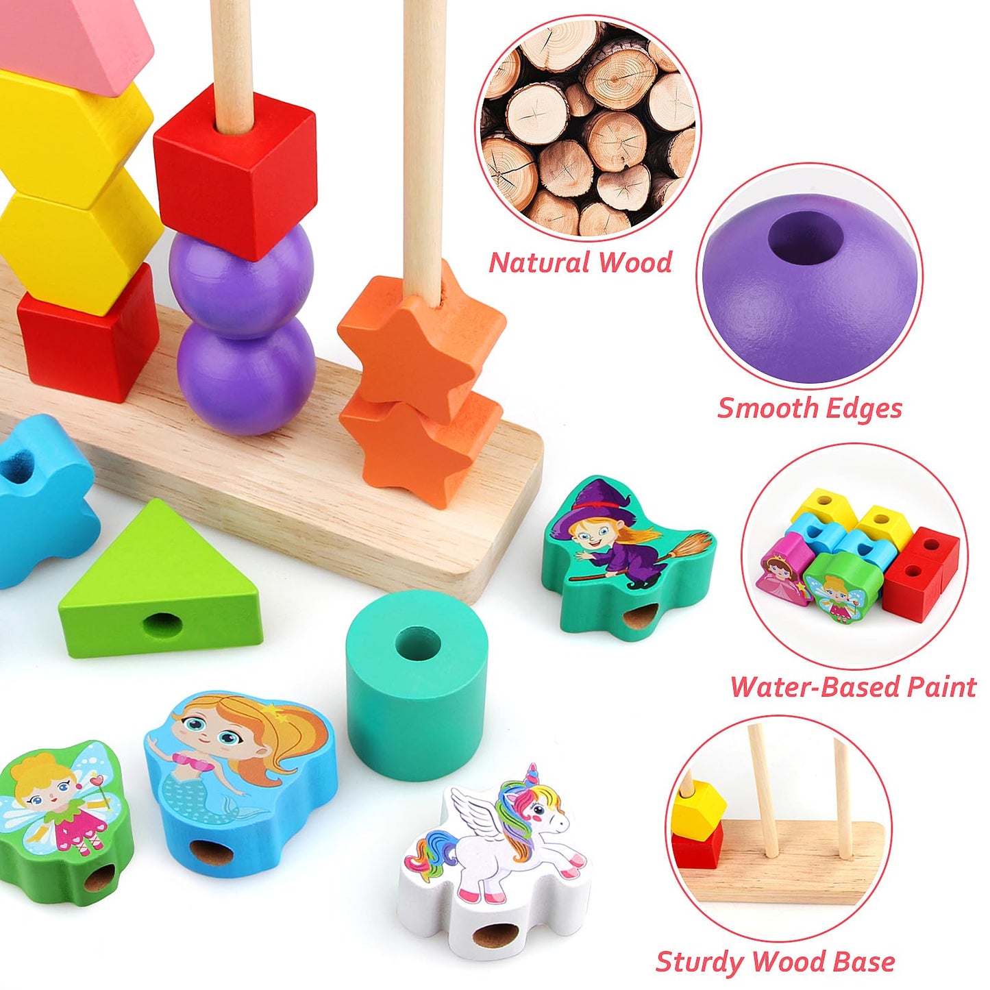 Montessori Toys For 2 3 4 Years Old -Cute Witch Princess Unicorn Fairy Mermaid, Wooden Bead Sequencing, Stacking Block & Sorting