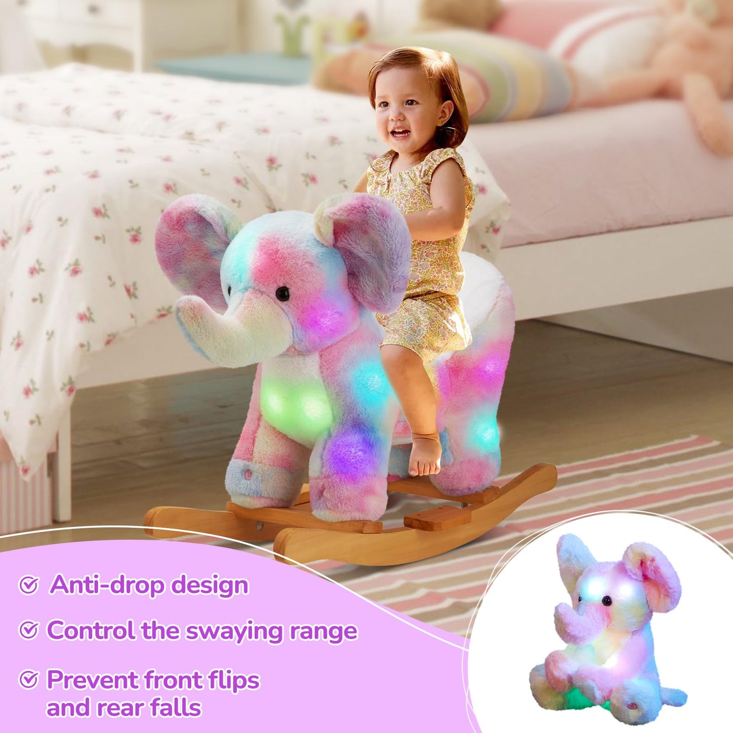 Glow Guards Light Up Musical Elephant Baby Rocking Horse Set Of 2 With Rainbow Elephant Plush Toy Baby Wooden Chair For Toddlers Girls And Babies Age 1-3 (Elephant)