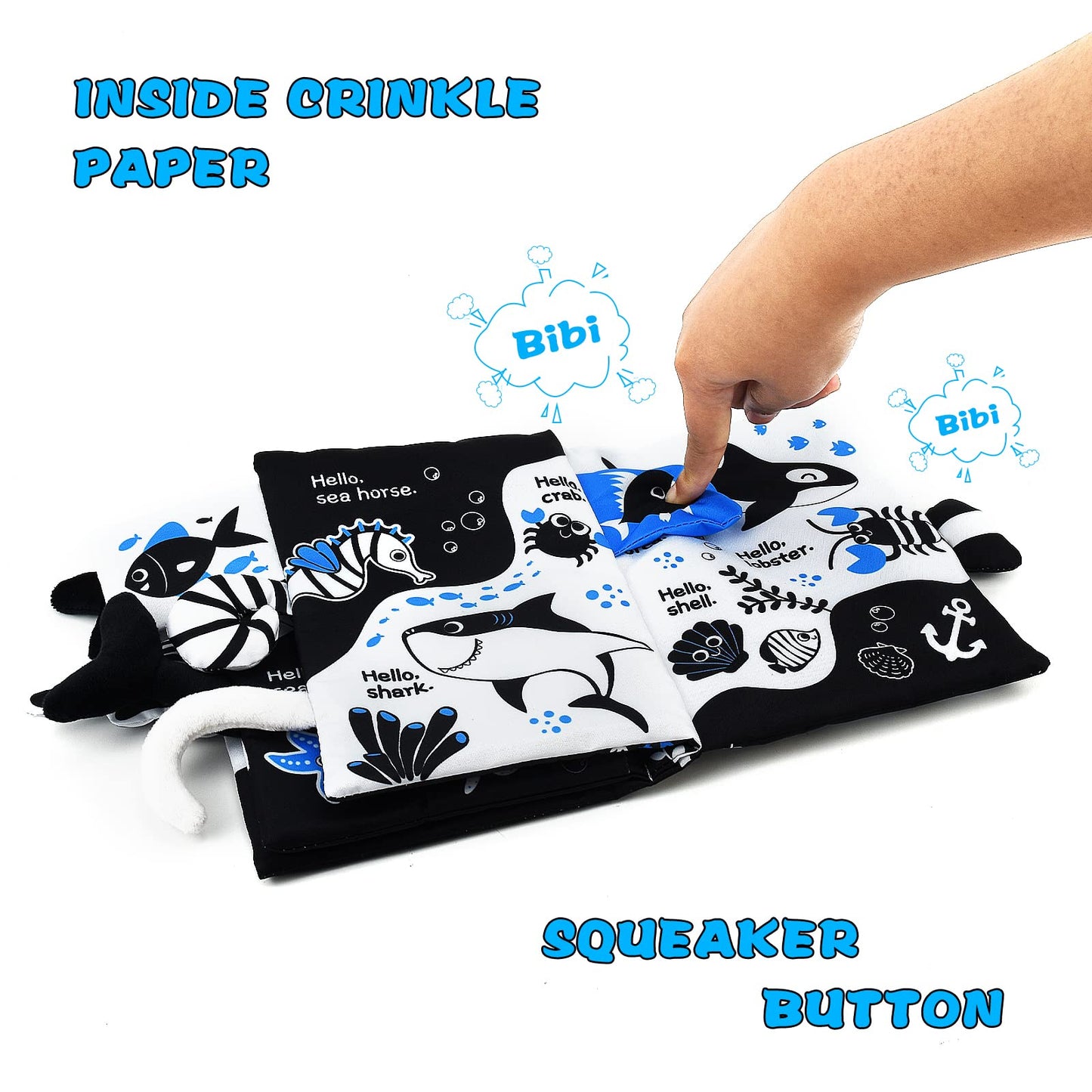Okooko Soft Baby Book - Black And White High Contrast Marine Animals Tails Book, Montessori Sensory Stroller Toy, Non-Toxic Crinkle Washable Early Education For Baby Infant Toddler