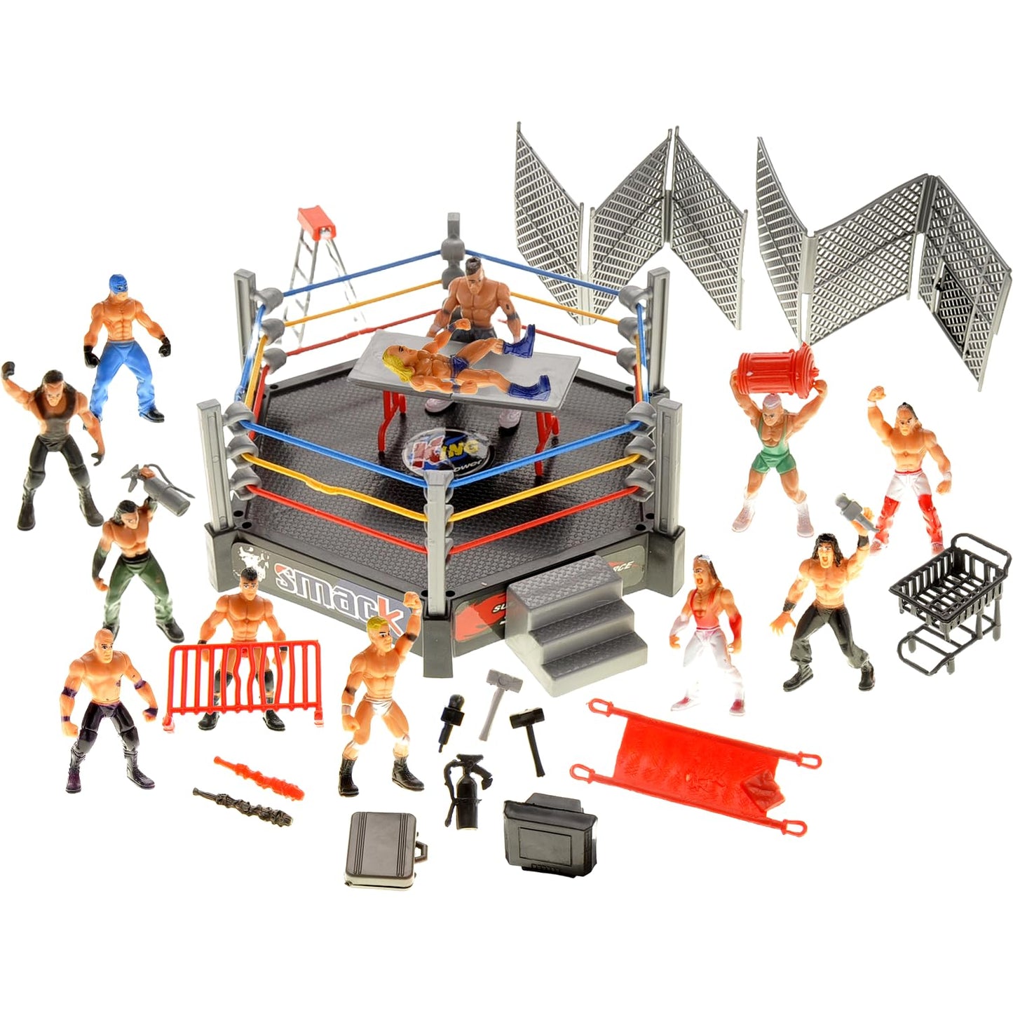 Powertrc 32 Pcs Wrestling Toys For Kids, Wrestler Play Set With 2 Wrestle Rings Style, 12 Super Wrestlers, Many Realistic Accessories, Toy Figures Cake Topper Birthday Party Decoration Play Set Gift