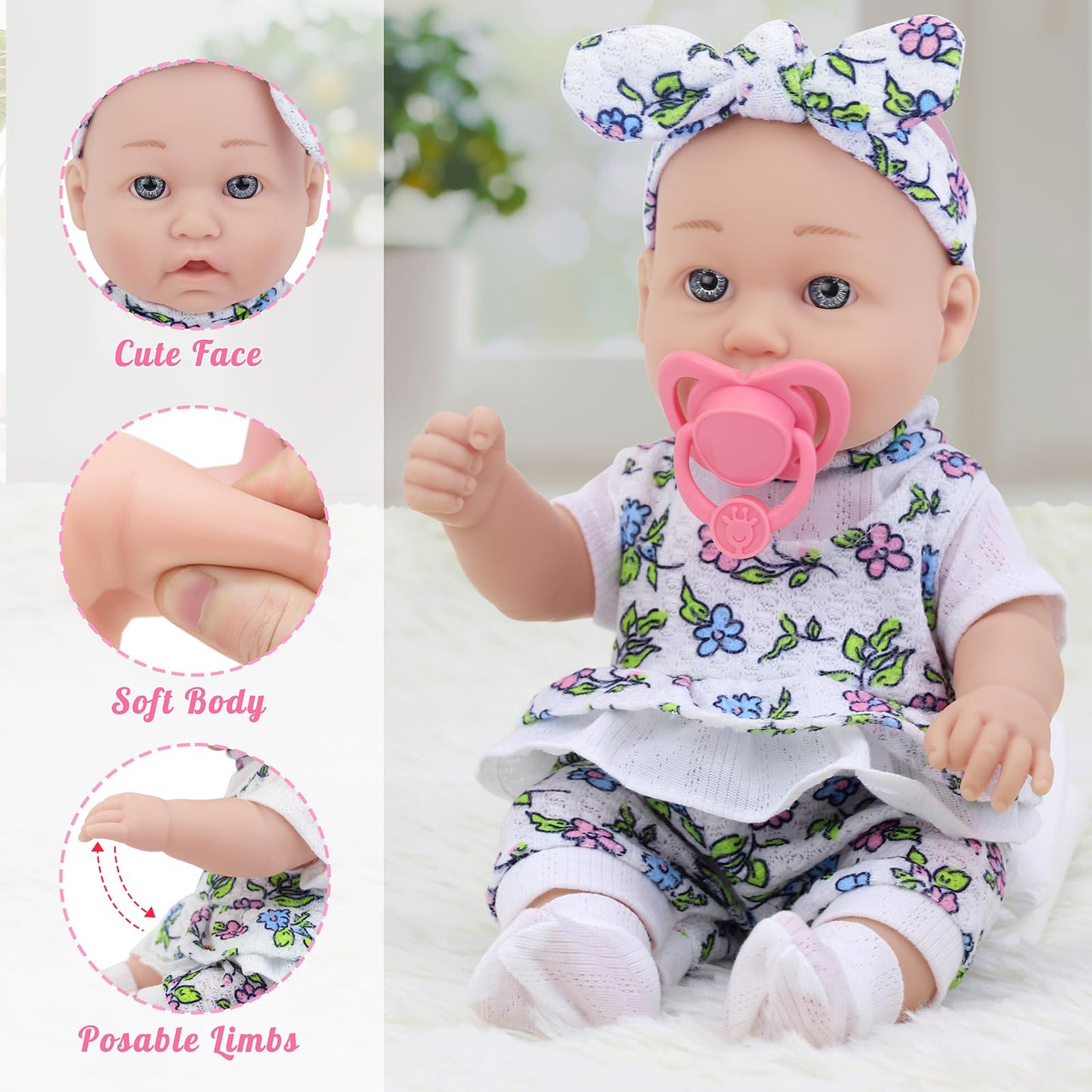 Ecore Fun 12 Inch Baby Doll with Clothes and Accessories,16 Pcs Reborn Alive Doll Playset Sets Include 12 Inch Doll,2 Sets of Cl
