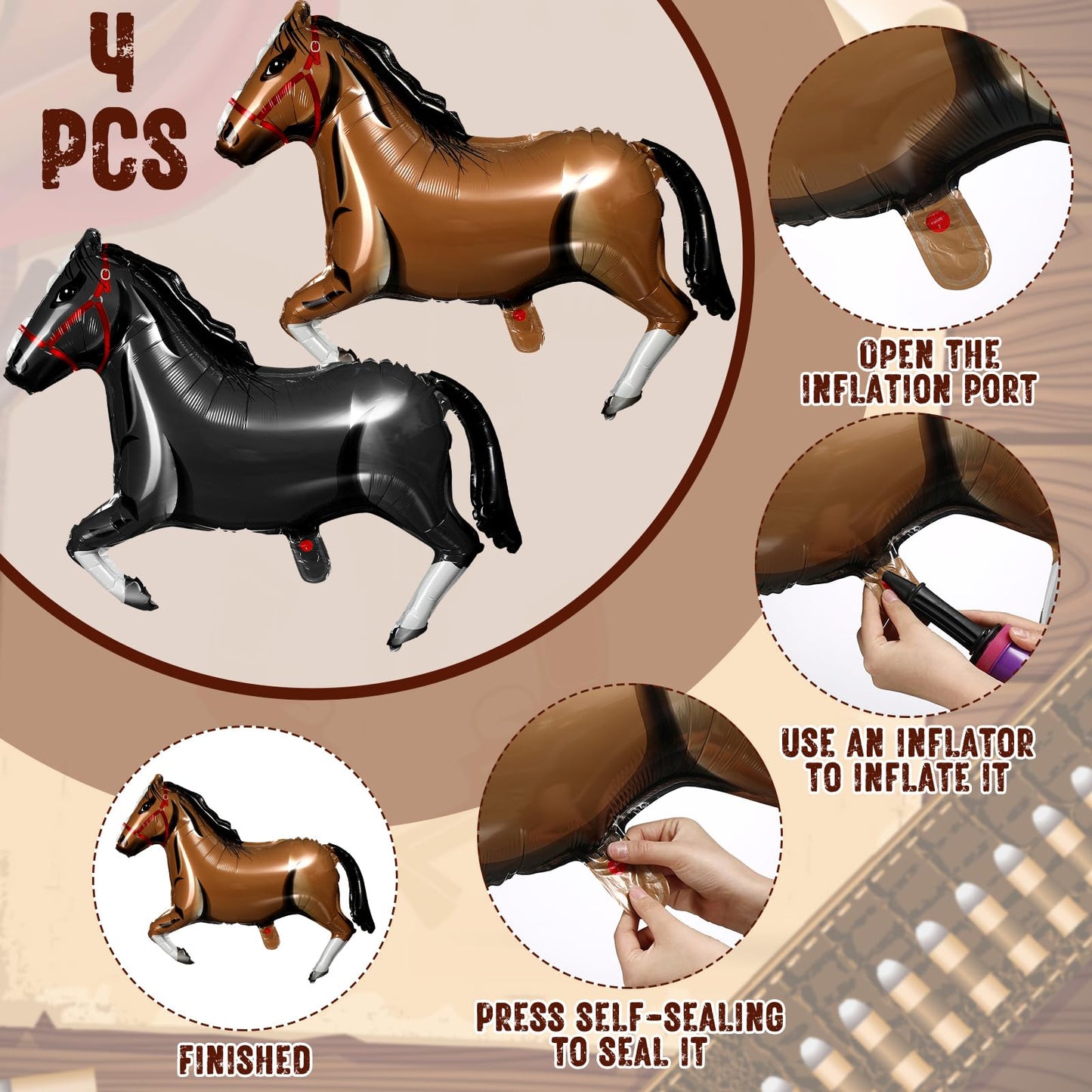Hungdao 52 Pcs Western Party Horse Balloons Cowboy Decoration Kit Rodeo Farm Bandana Cowgirl Foil Latex Balloons Bulk For Baby Shower Birthday Arch Decor(Dark Series)