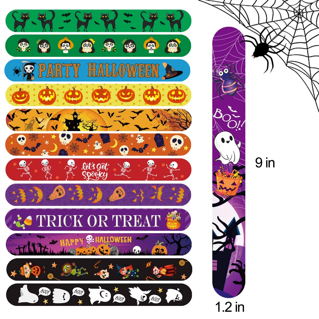 SUNPROUND Halloween Slap Bracelet,100Pcs Slap Bracelet Wristbands with Spider Pumpkin Ghost Zombie Bat Witches Design Snap Brace