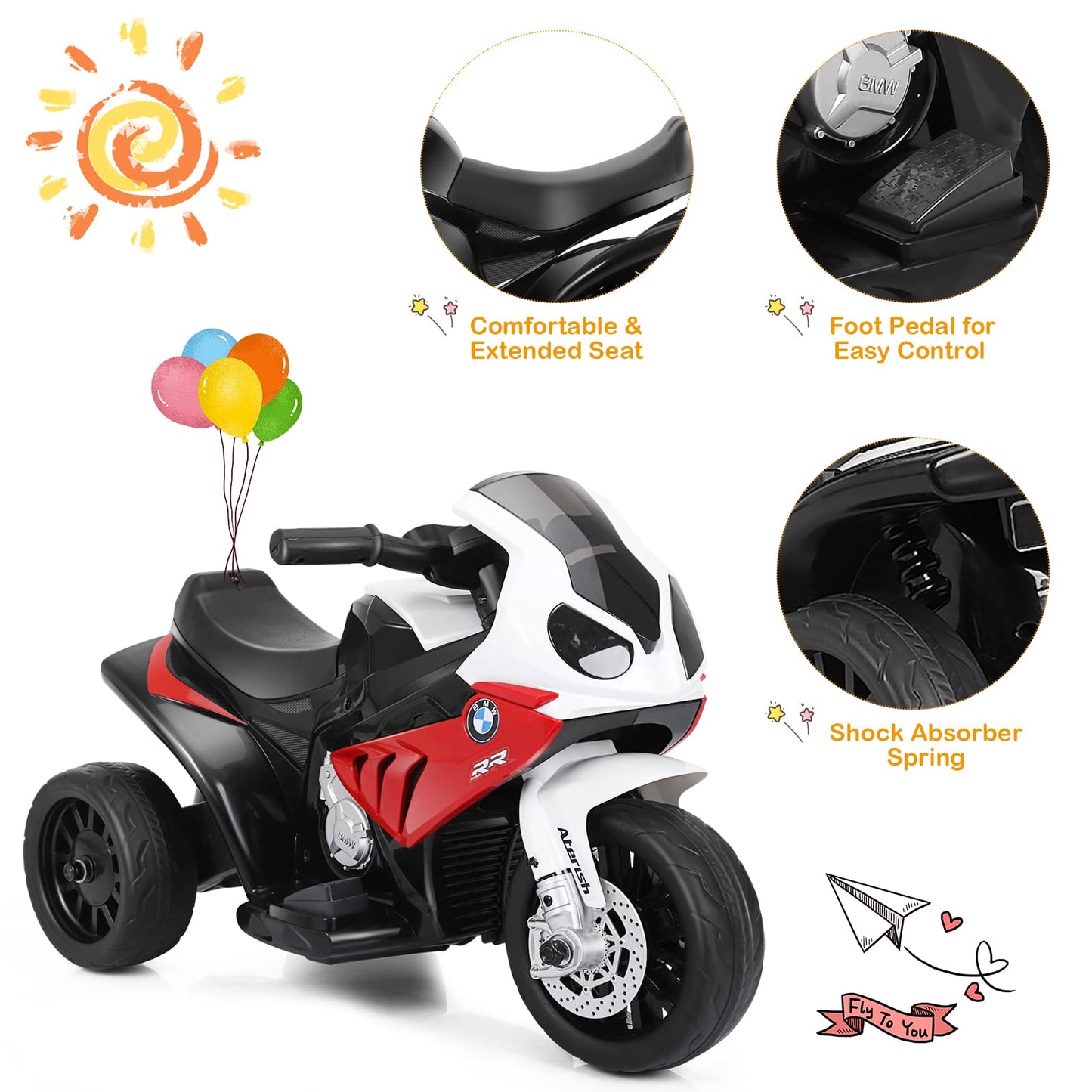 Honey Joy Kids Motorcycle, Licensed Bmw 6V Battery Powered Ride On Motorcycle W/Led Headlights, Music, Pedal, Spring Suspension, 3 Wheels Electric Motorcycle For Kids, Gift For Boys Girls(Red)