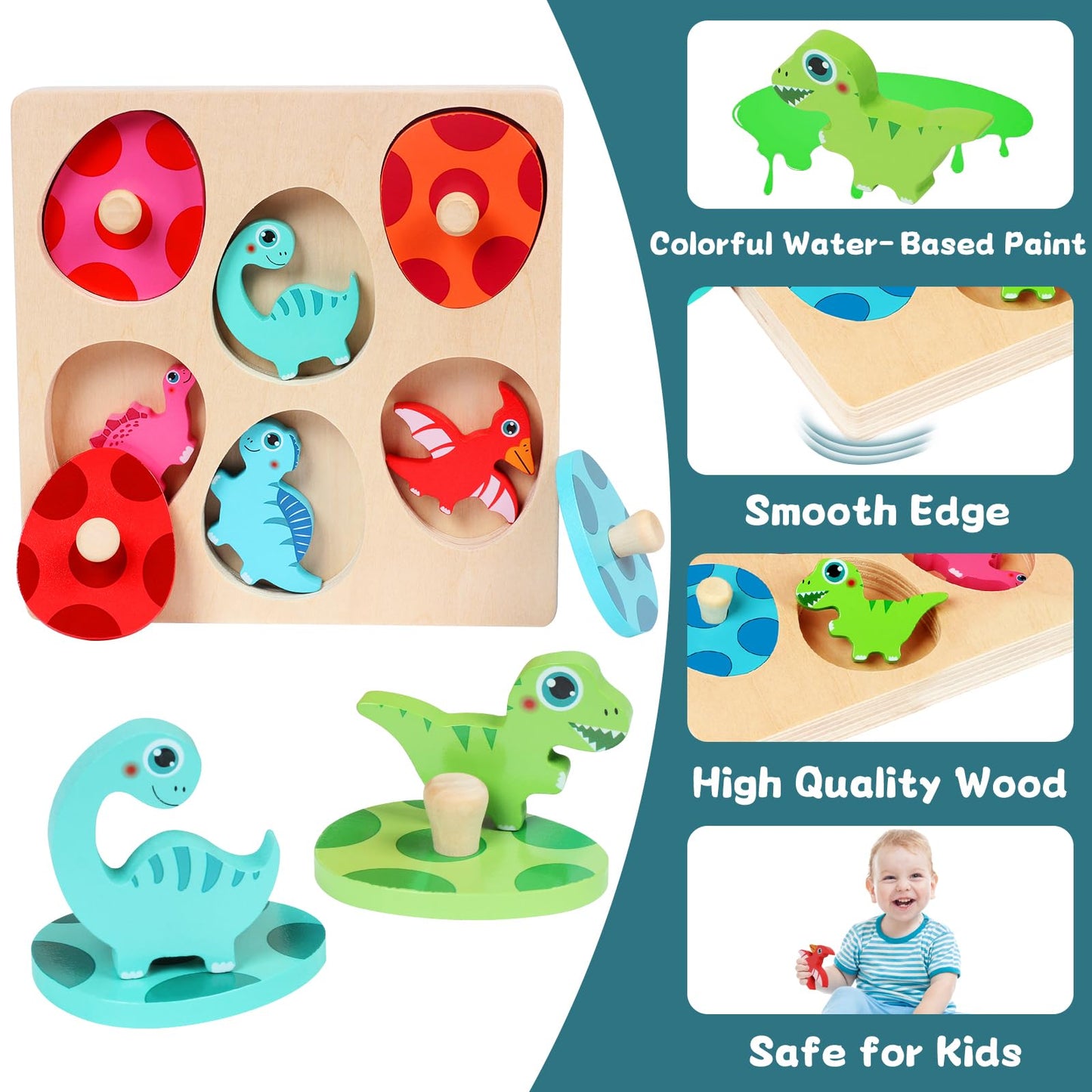 Wooden Puzzles For Toddlers 1-3 2-4, Montessori Baby Dinosaur Toys For 1 2 3 Year Old Boy Girl Christmas Birthday Easter Basket