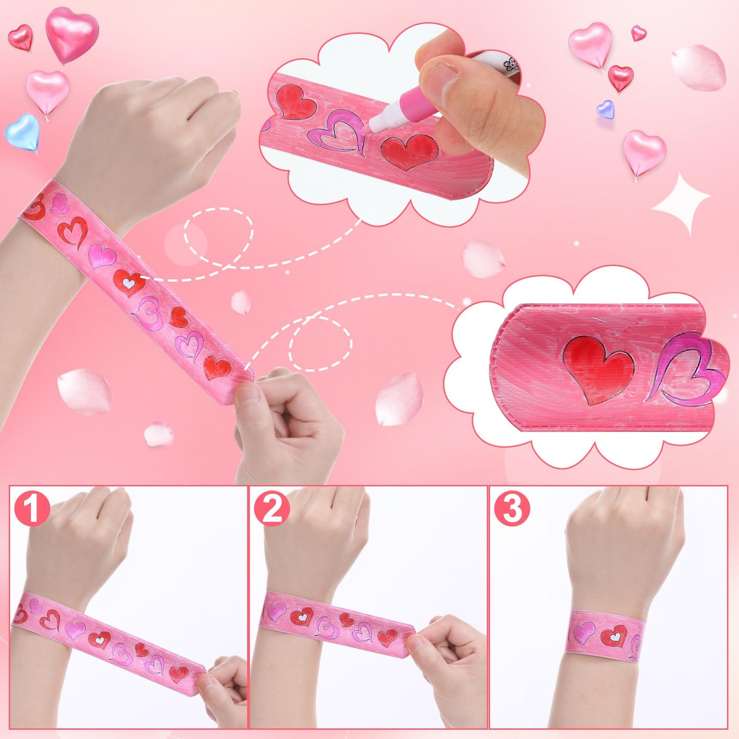 Quelay 120 Pcs Valentines Slap Bracelets Valentine's Day Crafts Color Your Own Slap Bracelets White Blank Snap Wristbands Bulk V