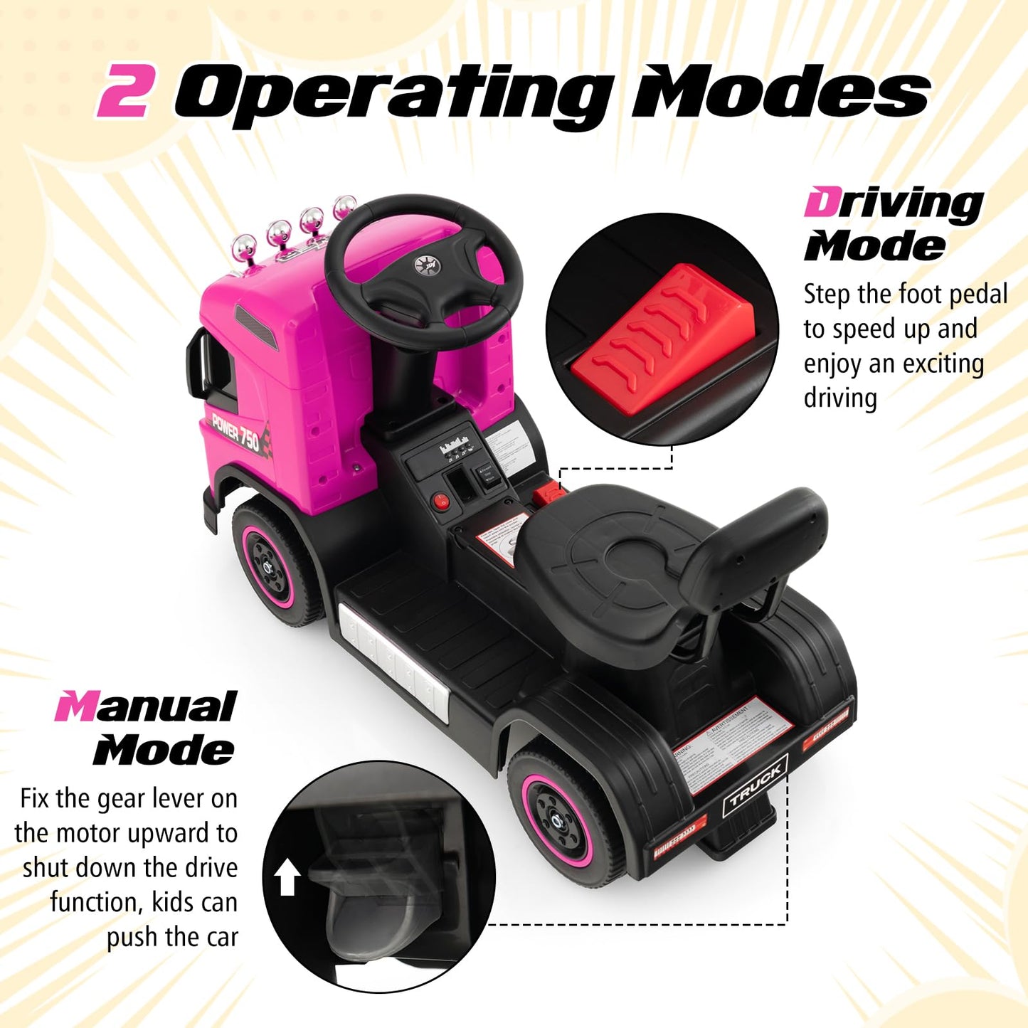 Honey Joy Electric Ride On Push Car, 6V Foot-To-Floor Push Cars For Toddlers, Lights, Music, Adjustable Height, Battery Powered Ride On Truck For Kids, Gift For Toddlers Boys Girls, Pink