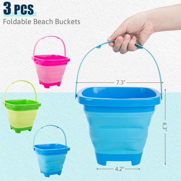 Shindel 3PCS Collapsible Beach Bucket Set, Colorful Sand Bucket Multi Purpose for Beach Summer Activities, Camping Gear, Beach E