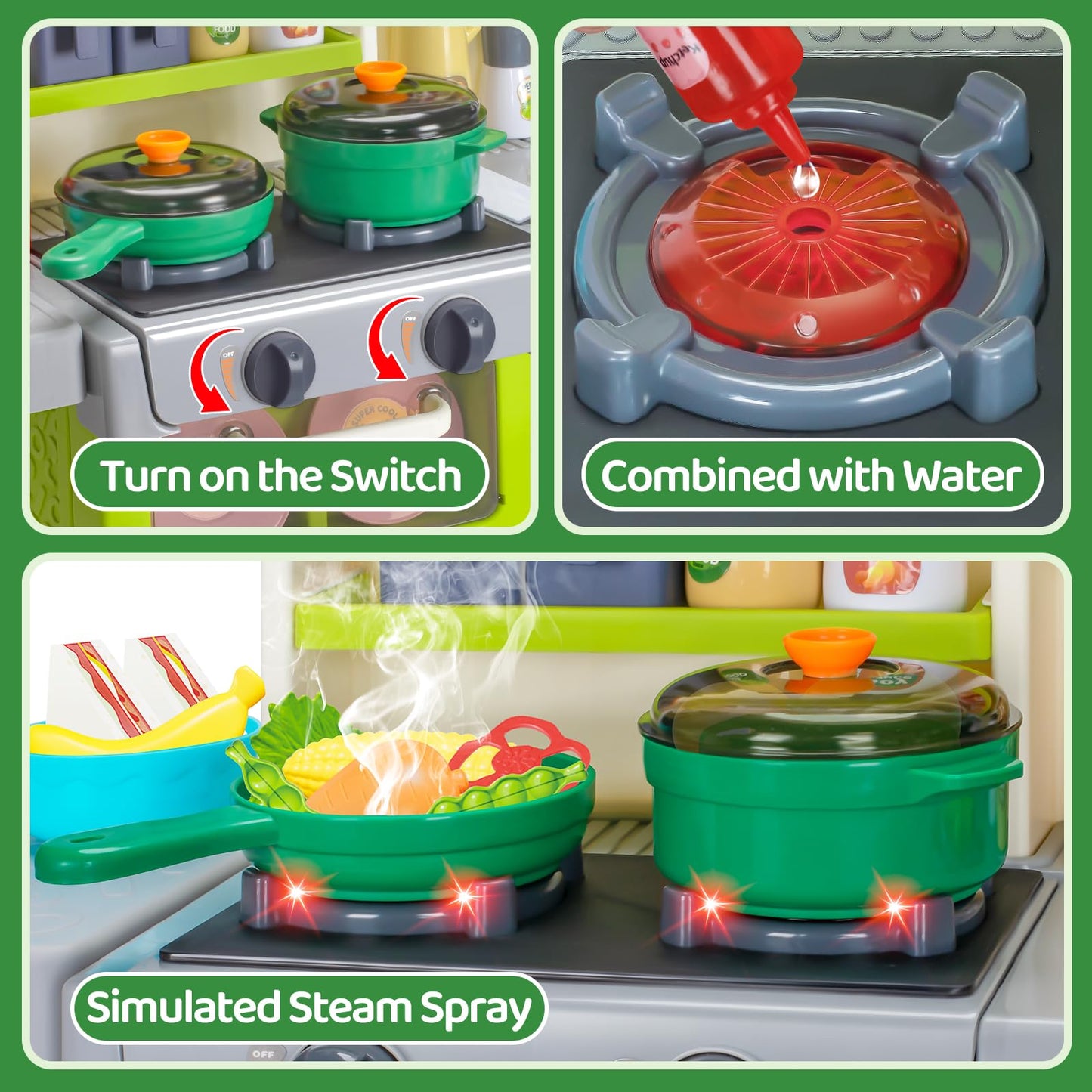 Kids Play Kitchen Set, Toddler Kitchen Playset with Sound & Light, Cooking Stove with Steam, Play Sink, Play Food Toy and Kitche