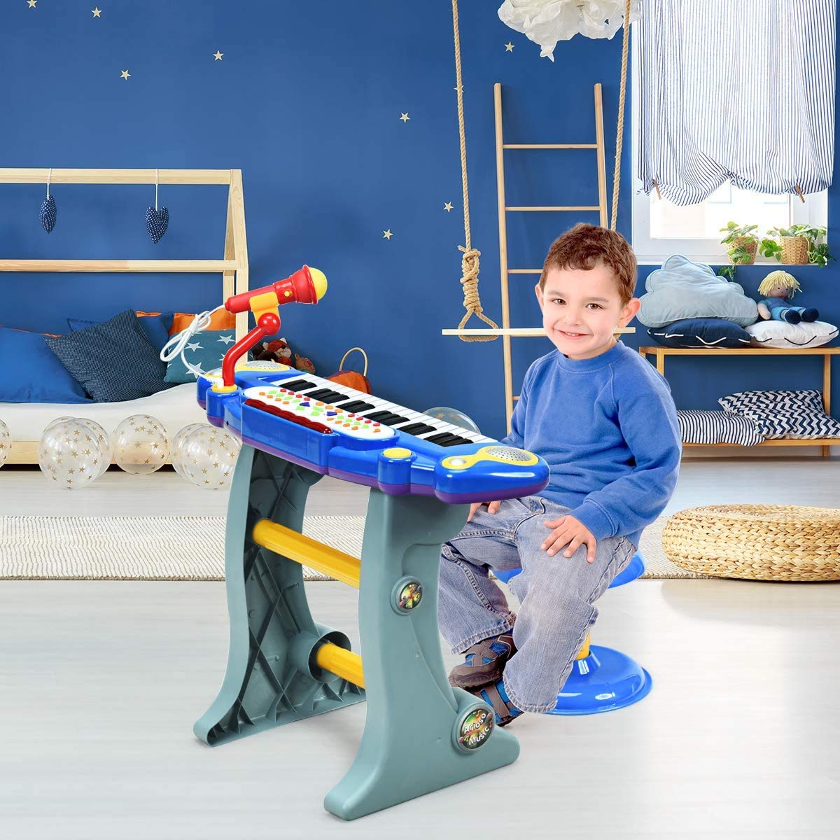 Costzon 37-Key Kids Piano Keyboard Toy, Toddler Electronic Musical Instrument Educational Toy W/Microphone, Multiple Sounds, Record Playback, Lights & Stool, Birthday Gift For Girls Boys Age 3+, Blue