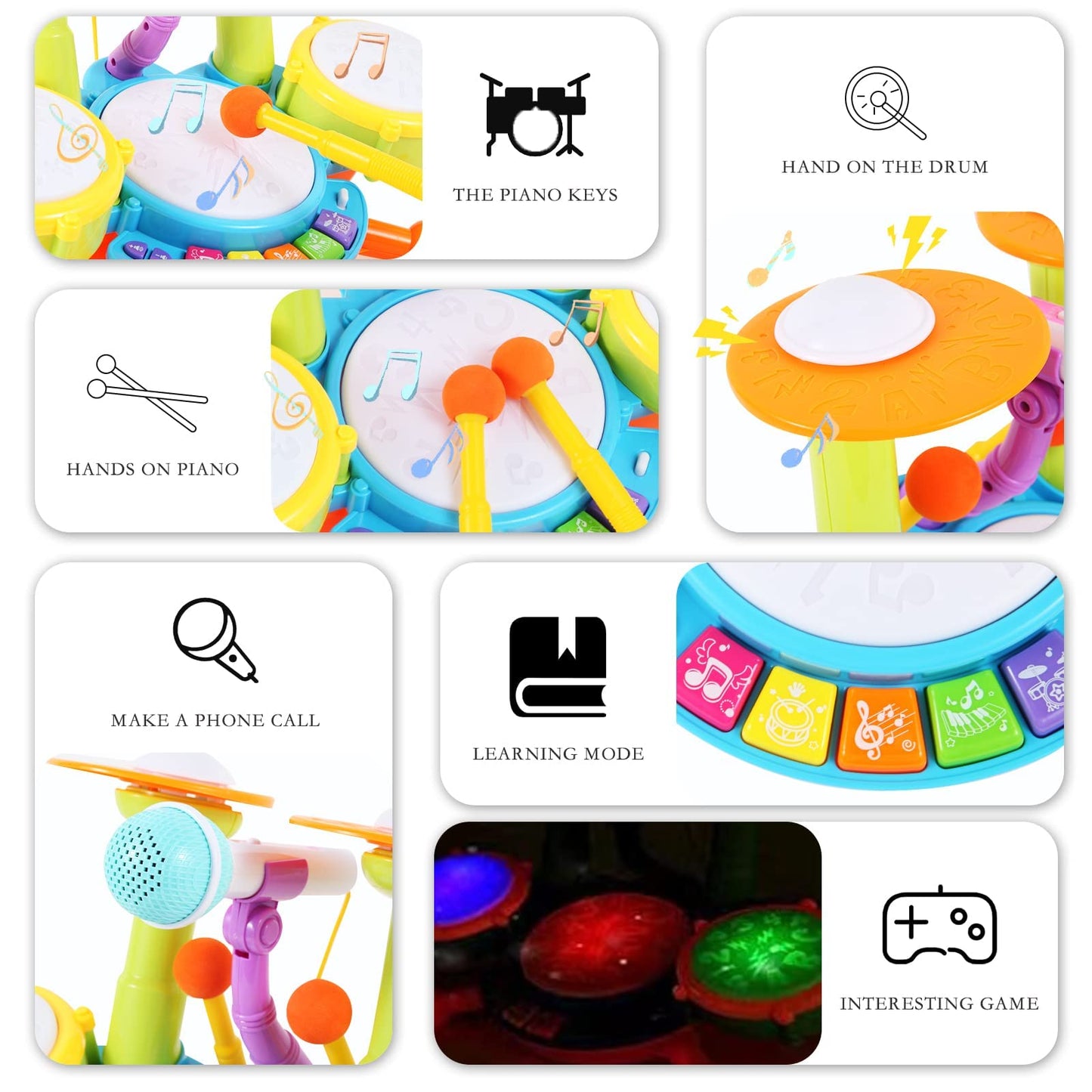 Cozybuy Kids Drum Set For Toddlers 1-3, Baby Drum Set Musical Instruments Toddlers Drum Toys With 2 Drum Sticks, Beats Flash Lig