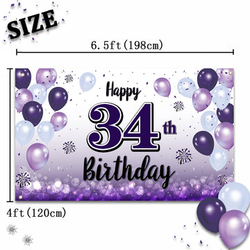 LASKYER Happy 34th Birthday Decorations,34th Purple Balloon Large Birthday Banner Backdrop Sign,34 Years Old Bday Party Supplies