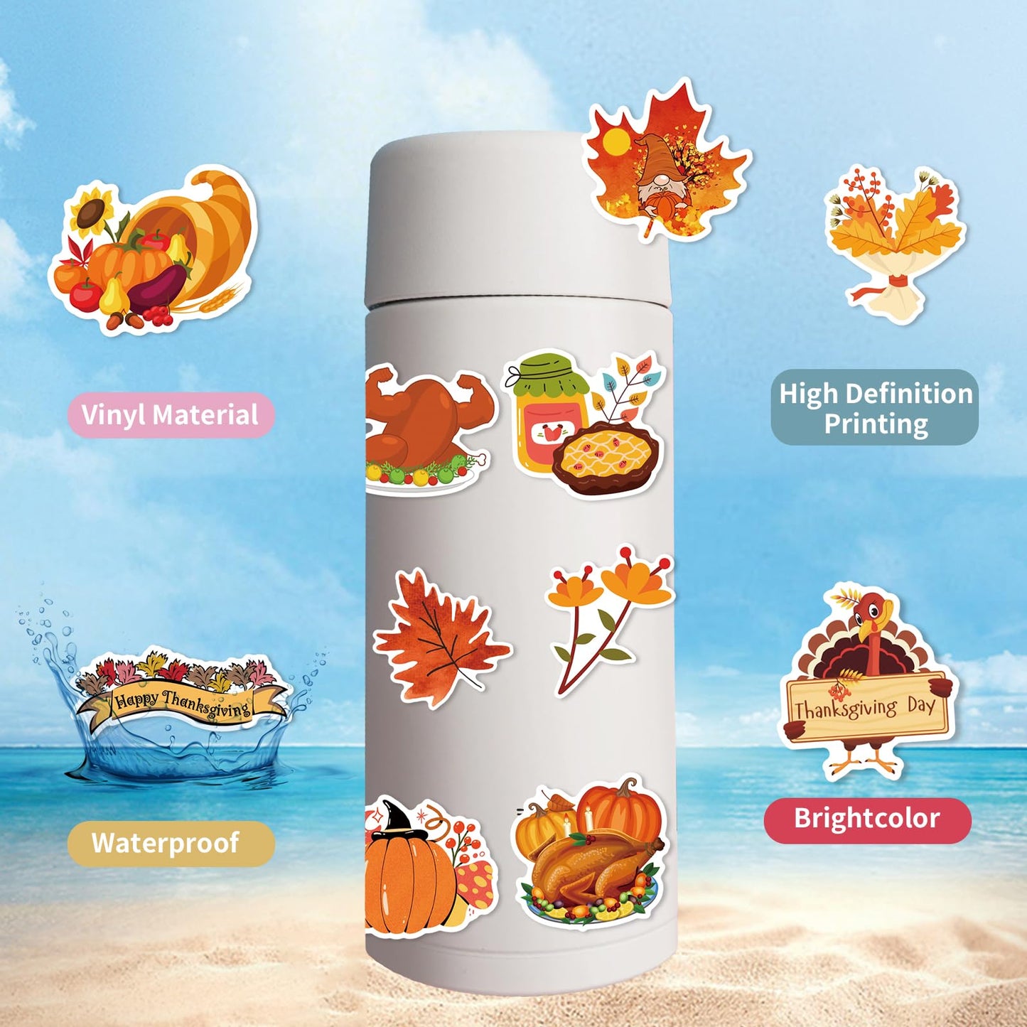 Xzentira 100 Pcs Thanksgiving Stickers Fall Cute Waterproof Vinyl Gift Stickers For Water Bottles, Cards, Scrapbooking, Happy Th