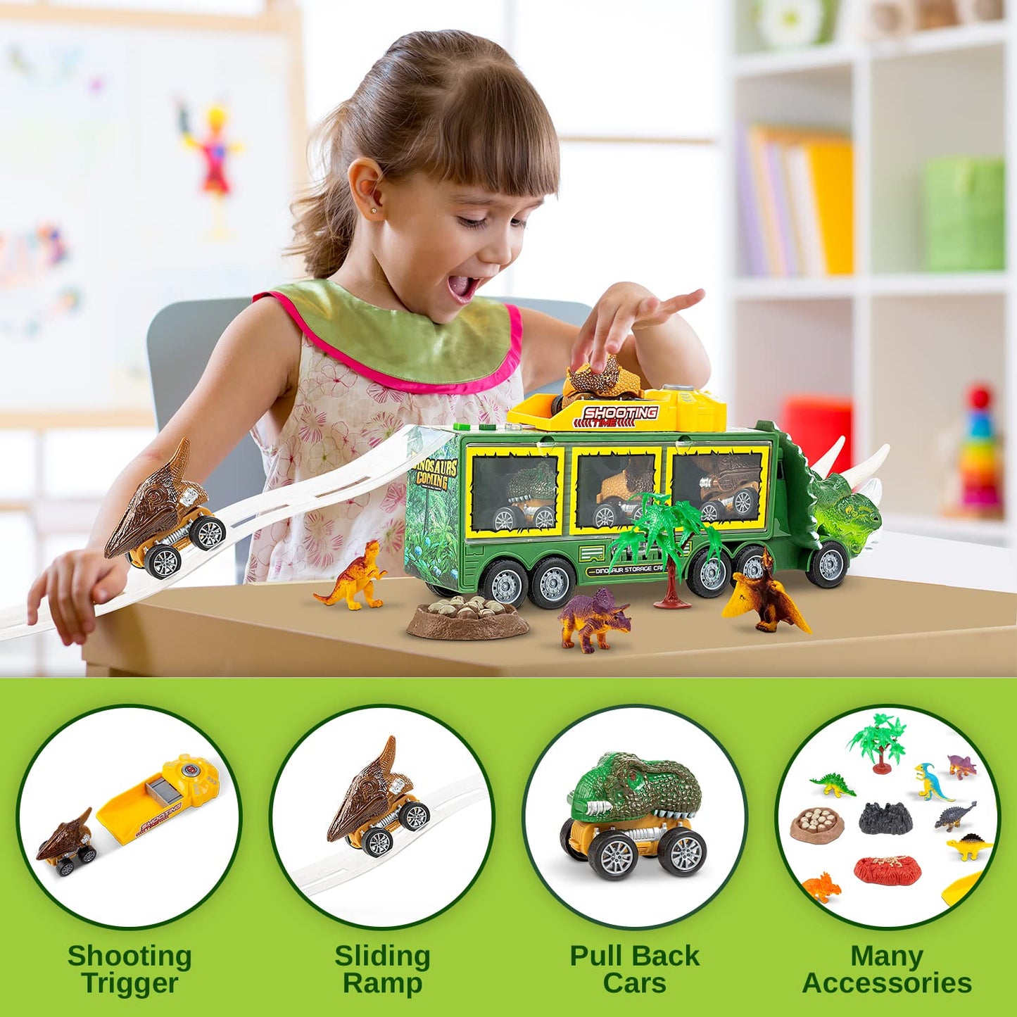 Toyvelt Dinosaur Toys For Kids 3-5 Dinosaur Truck Carrier Comes With 3 Dino Cars 12 Dinosaurs - Perfect Toy Gift For 3 4 5 6 7 Y