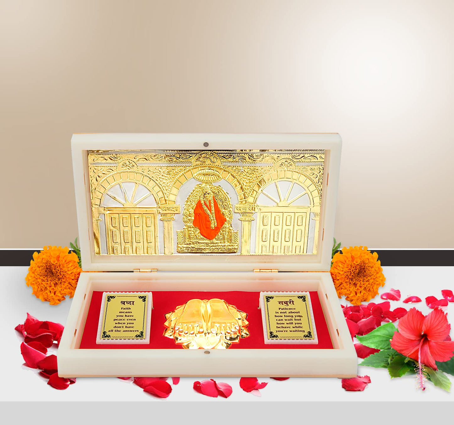 ARNAVIRA Gold Plated Photo Frame with Charan Paduka Pocket Temple for House Warming Gifts Return Gift Diwali Gift Puja Box (Shri