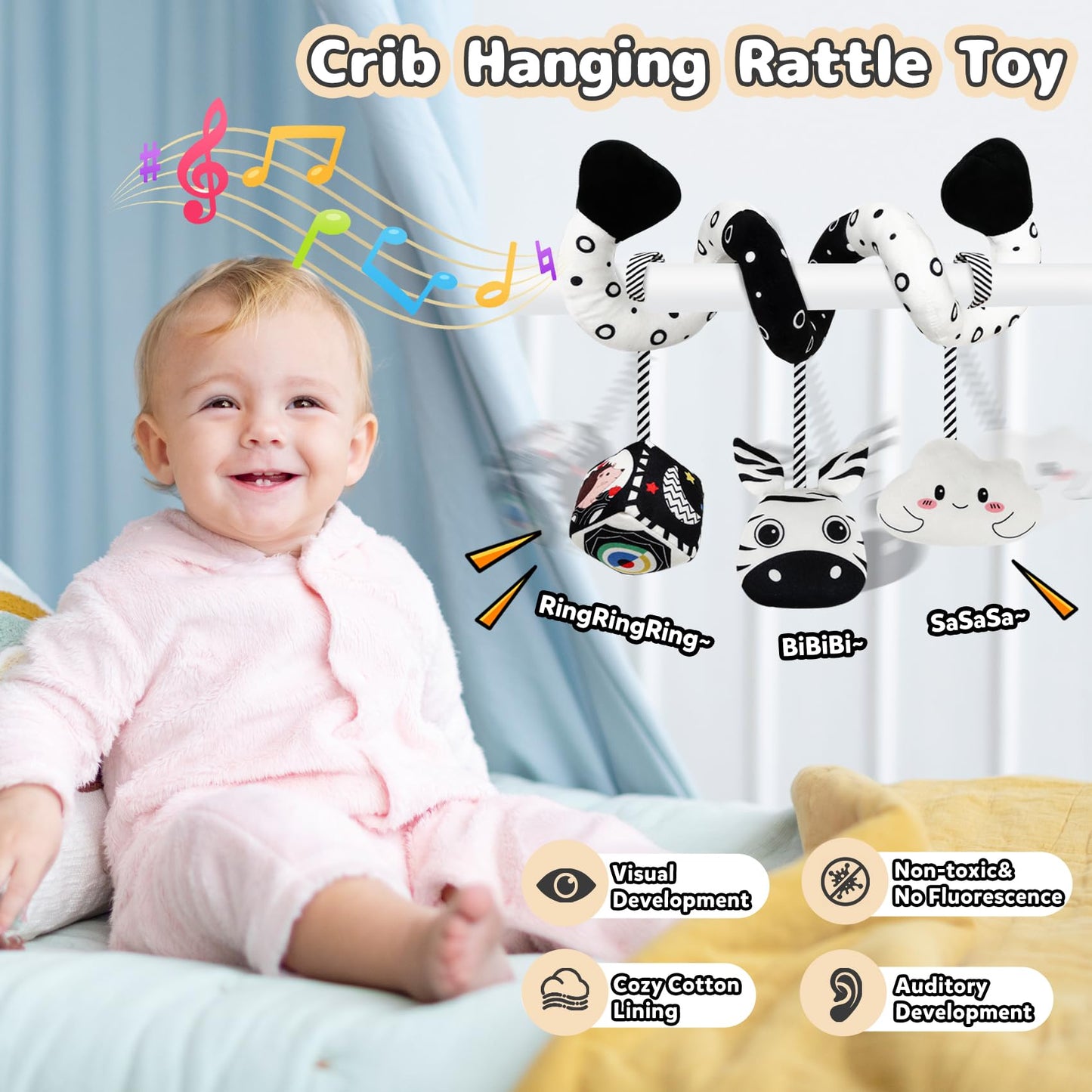 Car Seat Toys For Babies 0-6 Months,Hanging Rattle Toys For Crib Mobile, Baby Spiral Hanging Stroller Black And White High Contrast Baby Toys For Newborn 0 3 6 9 12 Months Baby Boys Girls (Zebra)