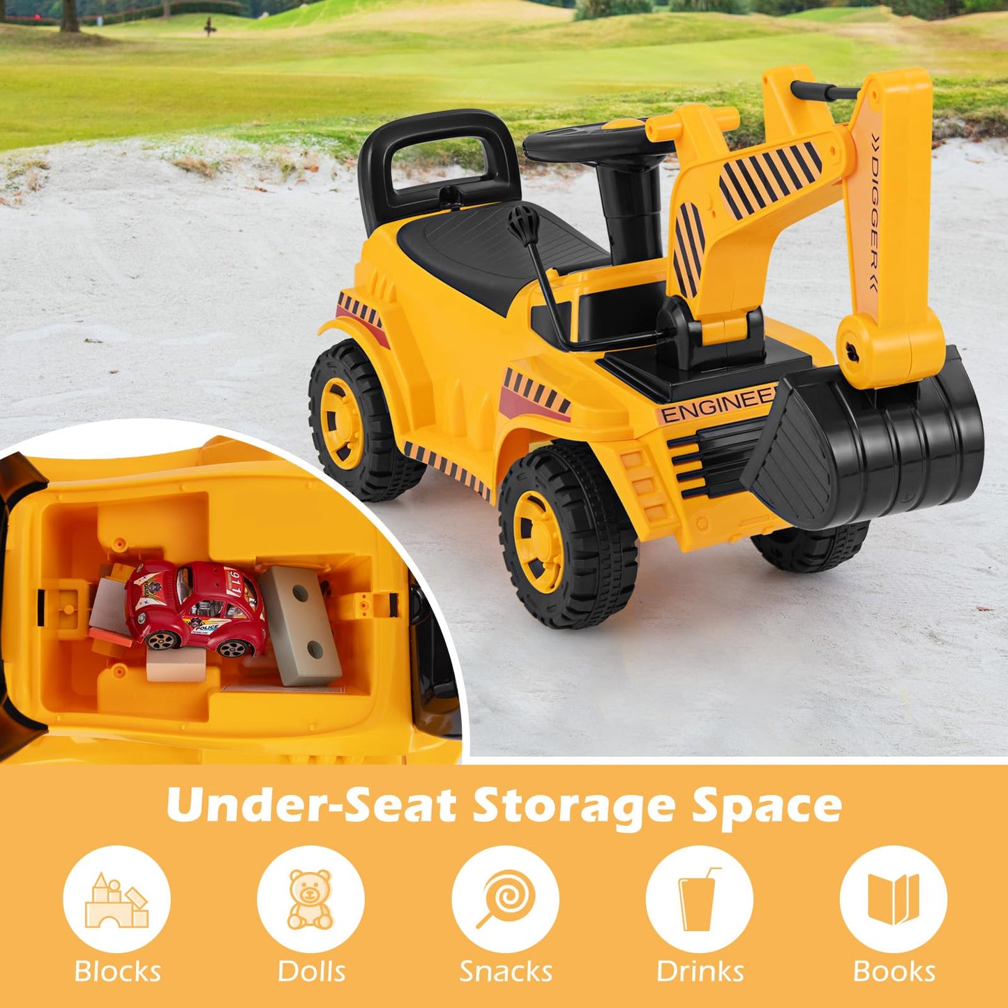 HONEY JOY Ride On Excavator for Toddlers - Outdoor Digging Toy, Yellow, No Power, Storage, Fun Construction Vehicle for Kids