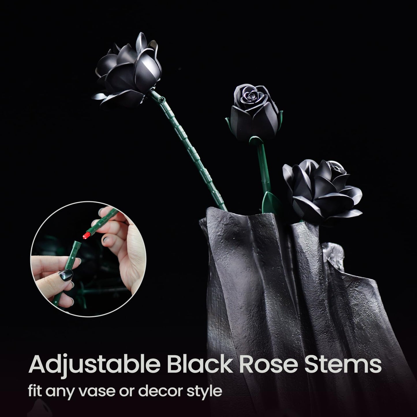 iATOM Black Roses Bouquet Building Set - Artificial Flowers Kit, Middle Size, Plastic, Gothic Decor, Model IA11001