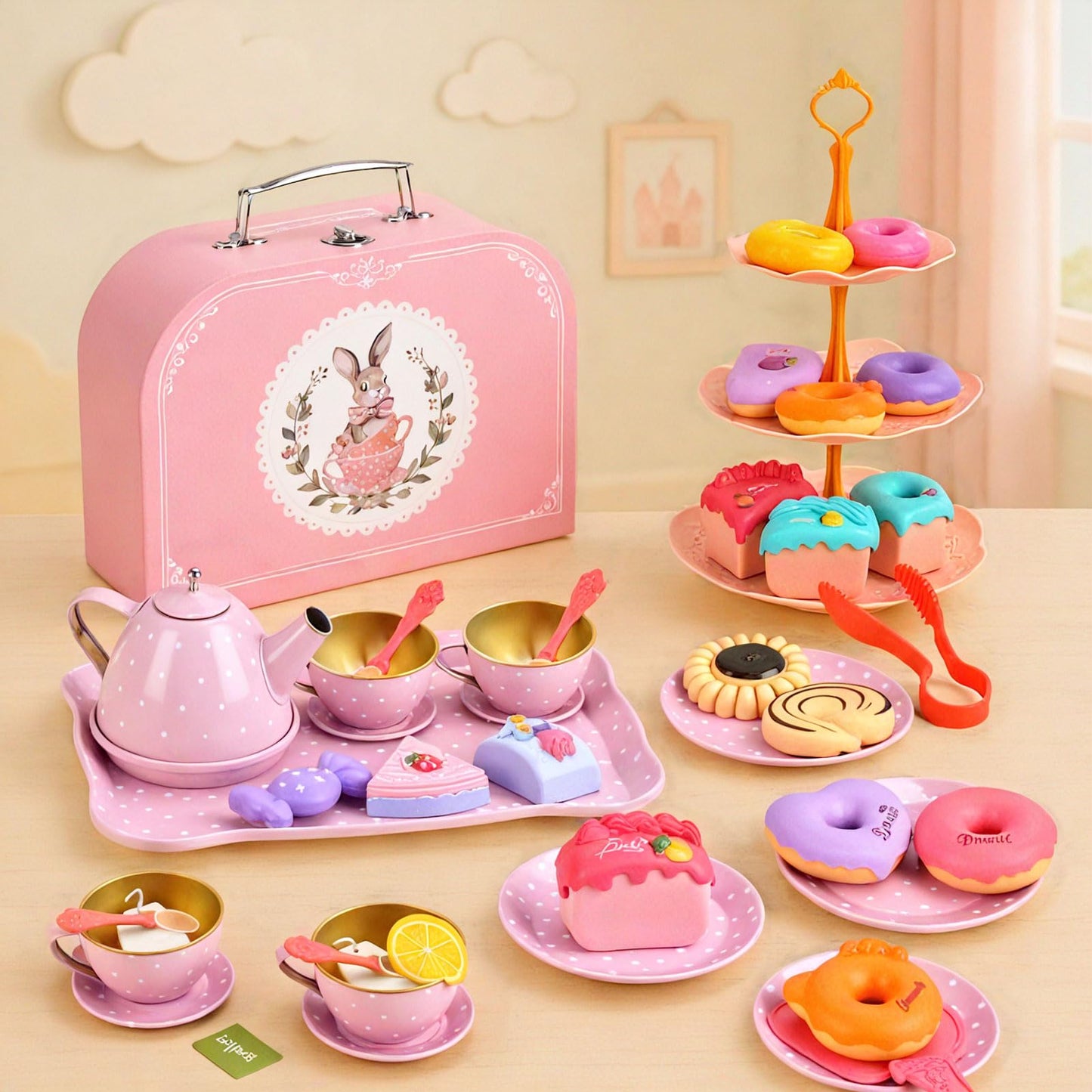 Lajeje Tea Party Set For Girls - Princess Toddler Birthday Gift, Bunny Tea Time Toys With Teapot, Desserts, Cups, Plates & Carry