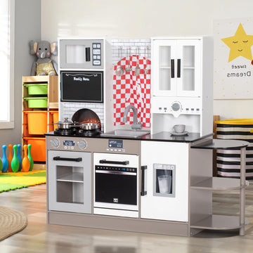 Brinjoy Kids Kitchen Playset, Wooden Toddler Kitchen Set W/Curtains, Coffee Maker, Storage Shelf, Stove,Sink, Utensils, Light &