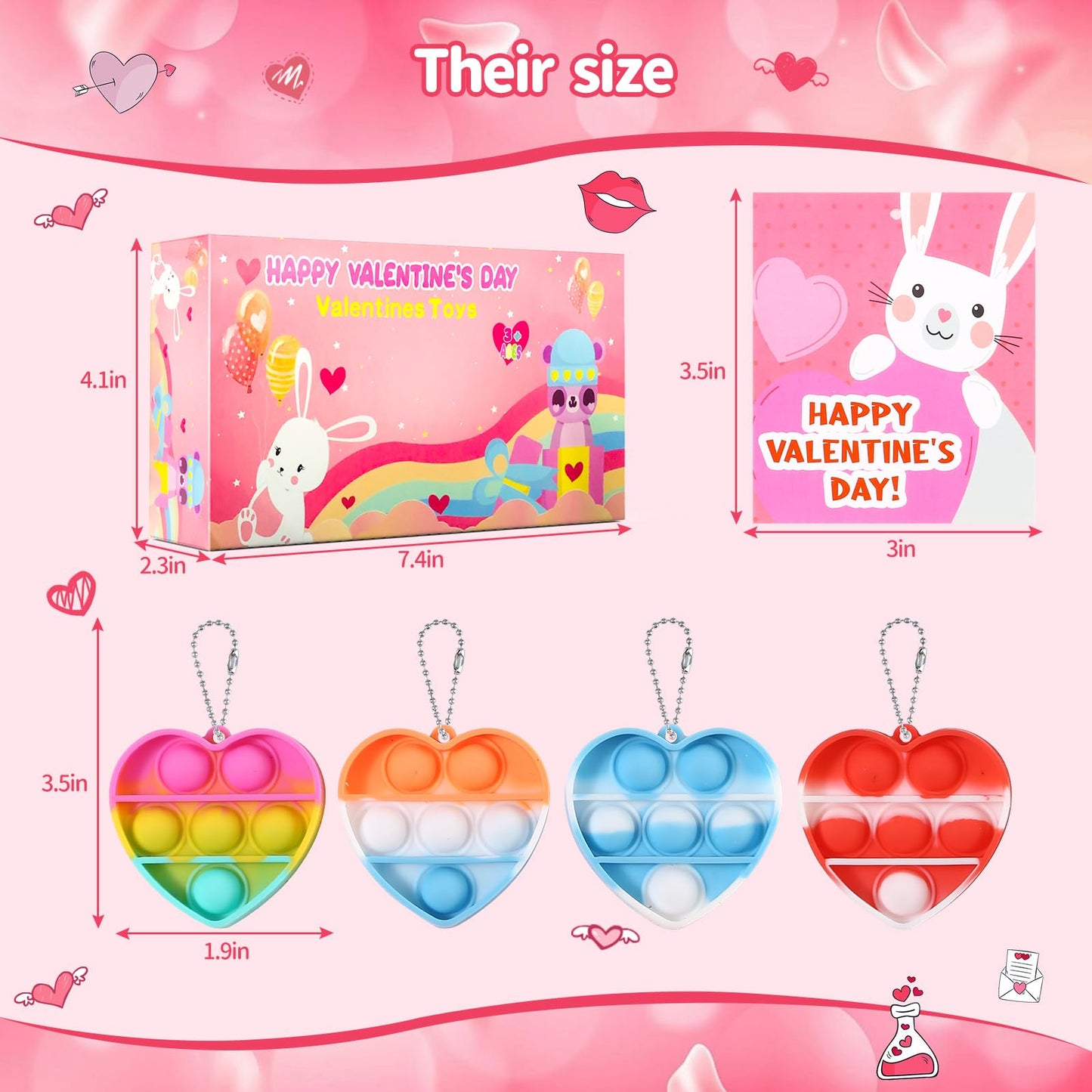 Weceit 30Pack Valentines Cards For Kids Classroom With Heart Pop Bubble Fidget Keychain Toys, Bulk Prizes Toys For Valentines Day Party Favors School Classroom Exchange Gifts Pack For Kids