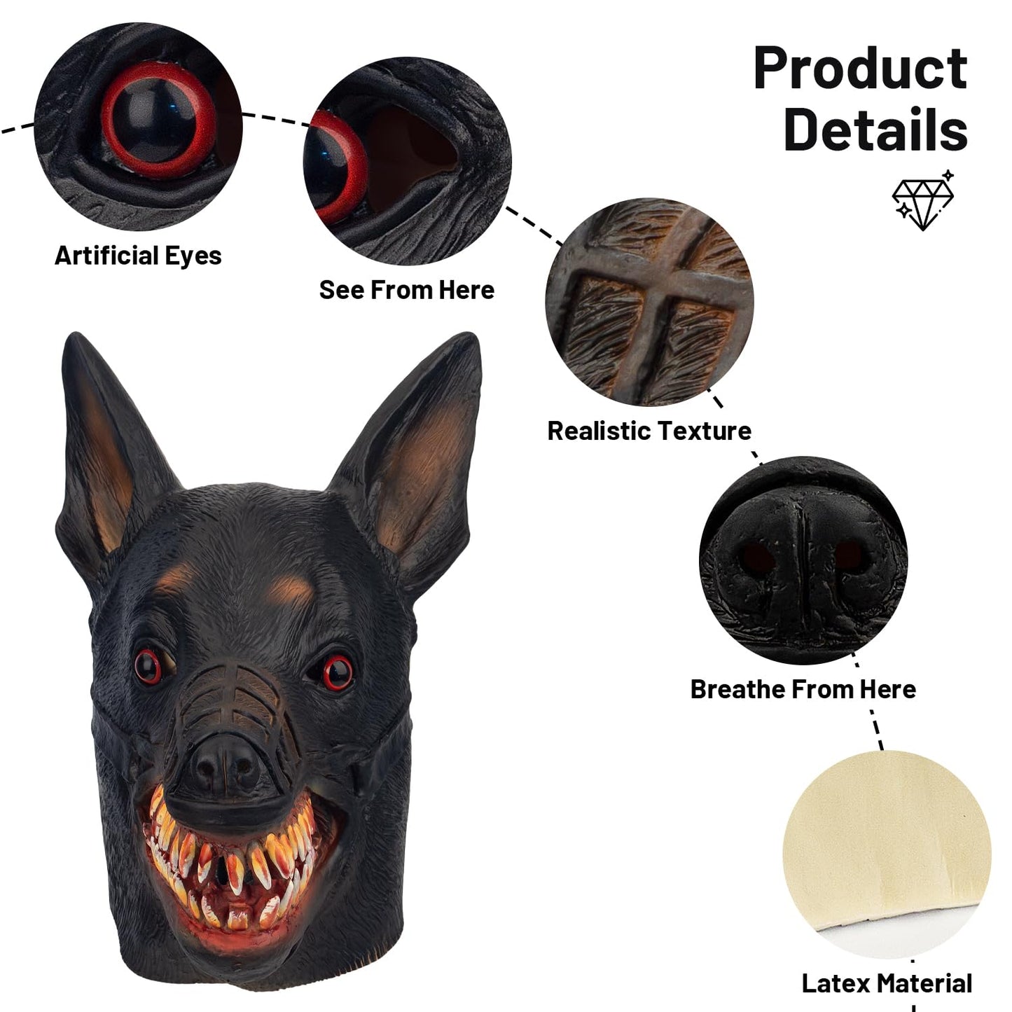 AQKILO Dog Mask Animal Latex Full Head Realistic Masks Fancy Dress for Halloween Carnival Costume Party