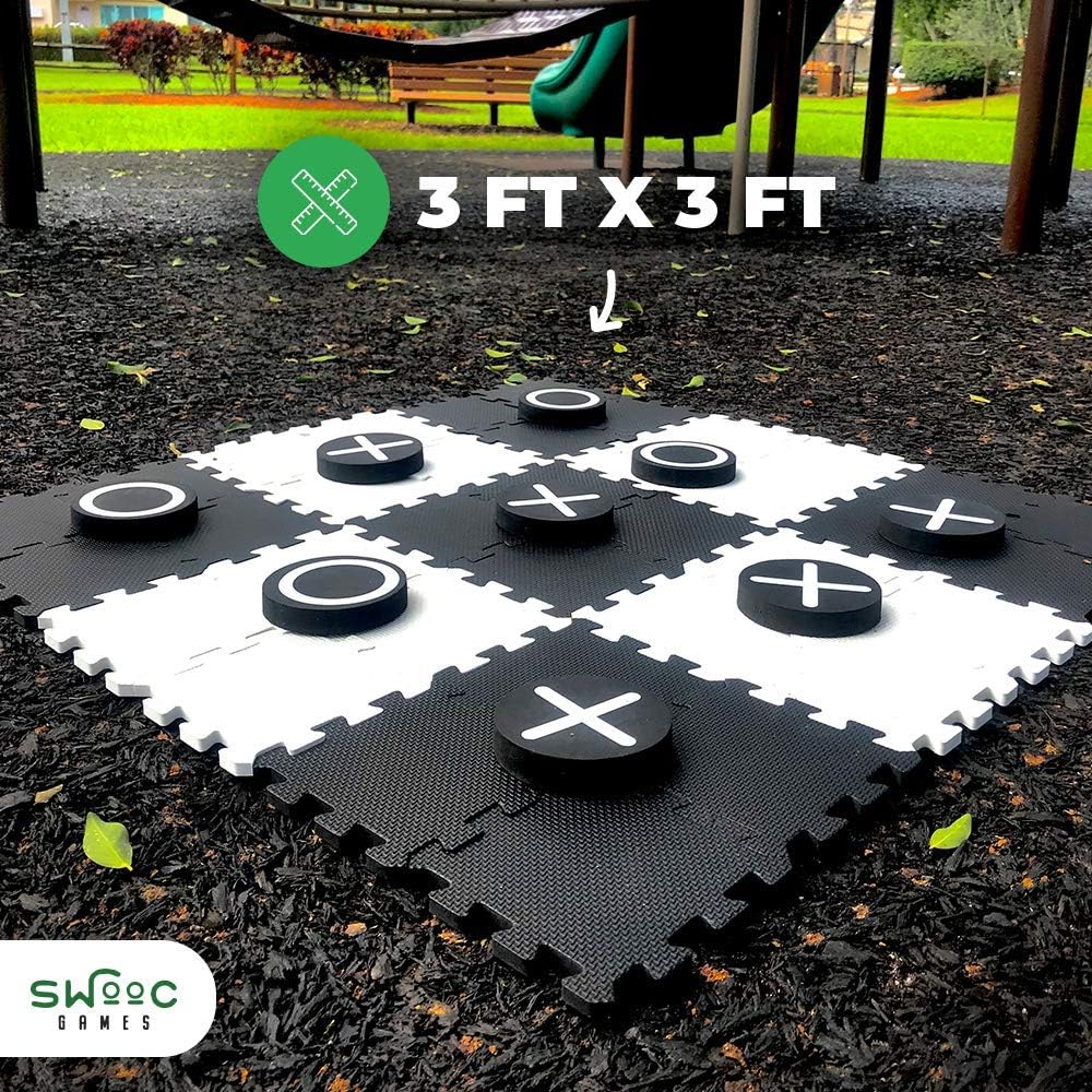 Swooc Games - 2-In-1 Reversible Giant Checkers & Tic Tac Toe Game ( 4Ft X 4Ft ) - 100% High Density Eva Foam Mat & Pieces - Extr
