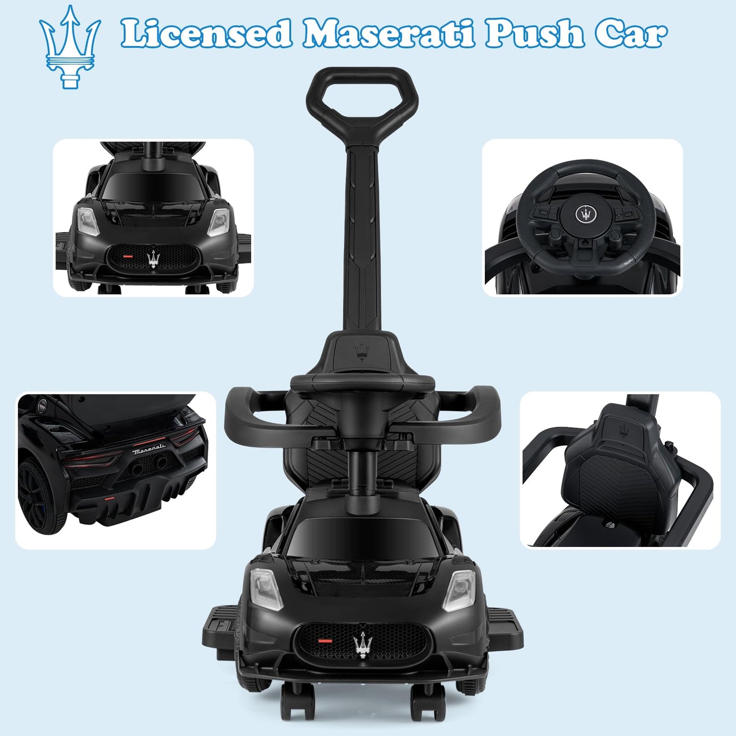 INFANS 3 in 1 Push Car for Toddlers, Licensed Maserati Baby Stroller Sliding Walking Car with Push Handle, Horn, Music, Undernea