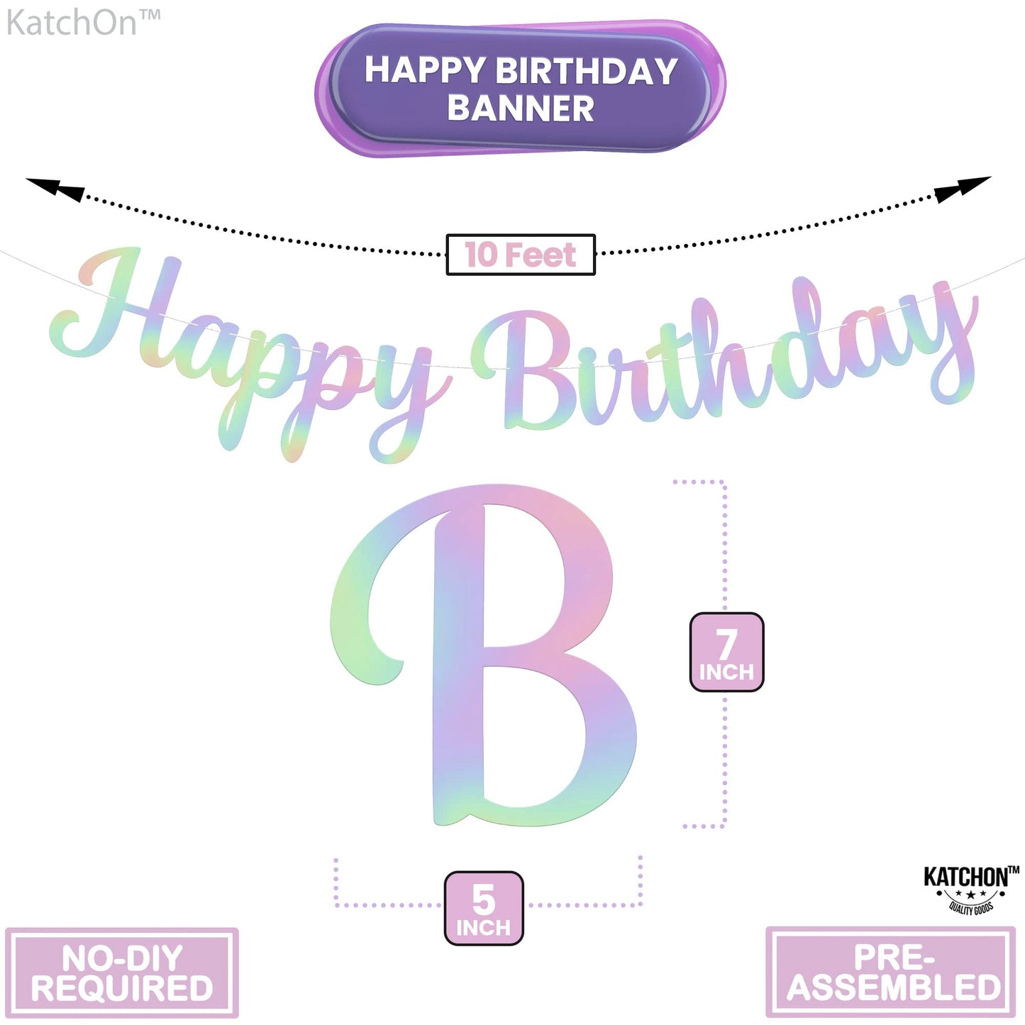 Katchon, Large Iridescent Happy Birthday Banner - Pre-Strung, 10 Feet | Holographic Happy Birthday Decorations | Happy Birthday Sign For Iridescent Party Decorations | Unicorn Birthday Decorations