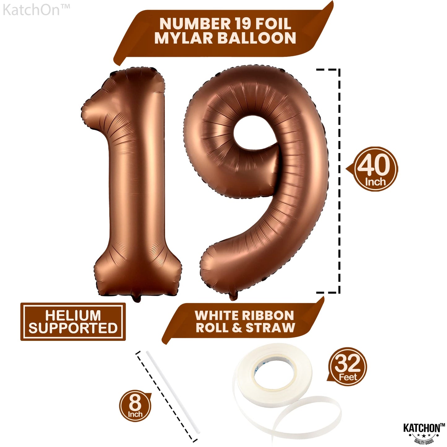 Katchon, Brown 19 Balloon Number - Giant, 40 Inch | 19 Balloons For 19Th Birthday Decorations | Number 19 Balloons Foil | 19 Birthday Balloons For 19 Birthday Decorations | Brown 19 Number Balloons