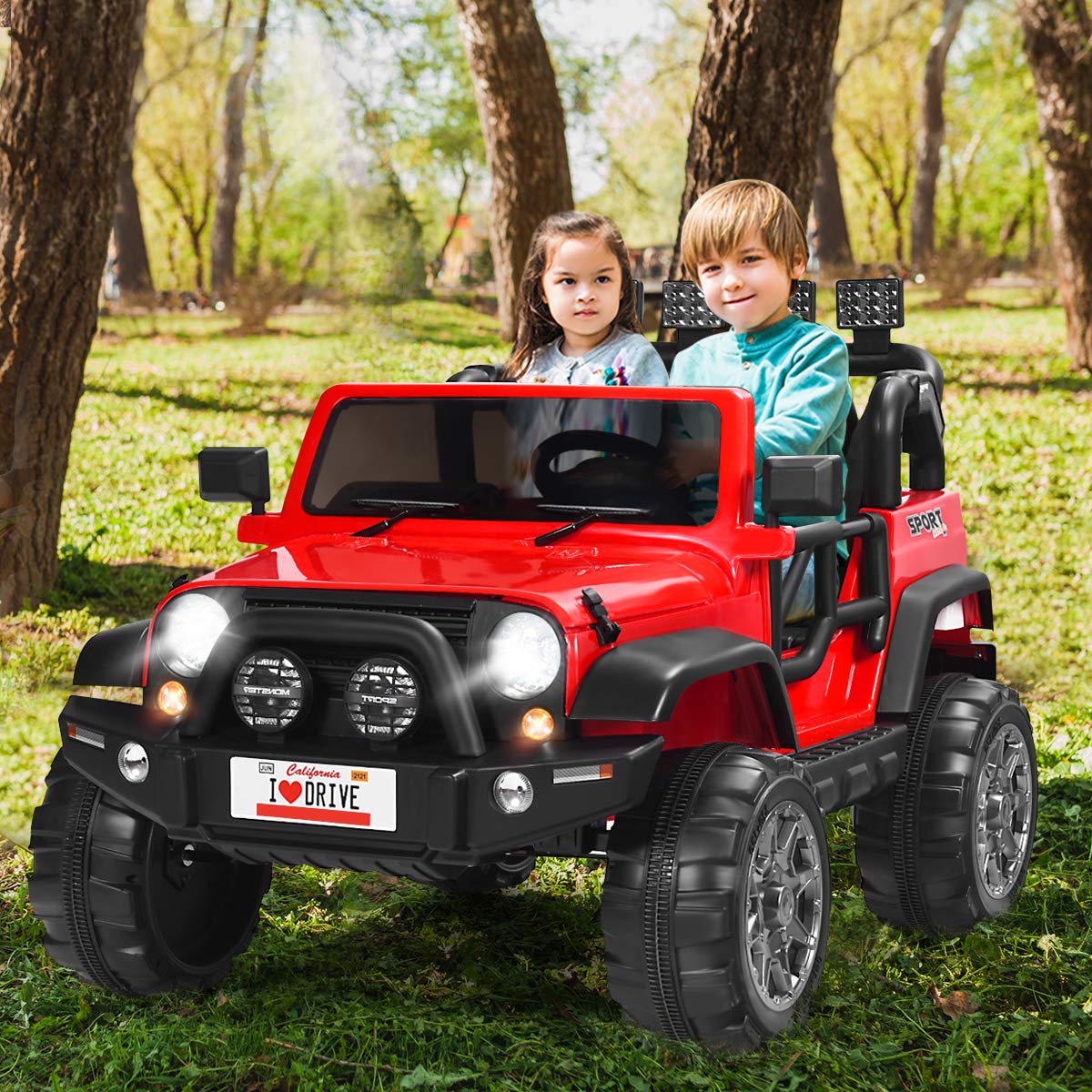 Costzon 2-Seater Ride On Truck, 12V Battery Powered Electric Vehicle Toy W/Remote Control, 3 Speed, Led Lights, Mp3, Horn, Music, 2 Doors Open, Spring Suspension, Ride On Car For Kids (Red)