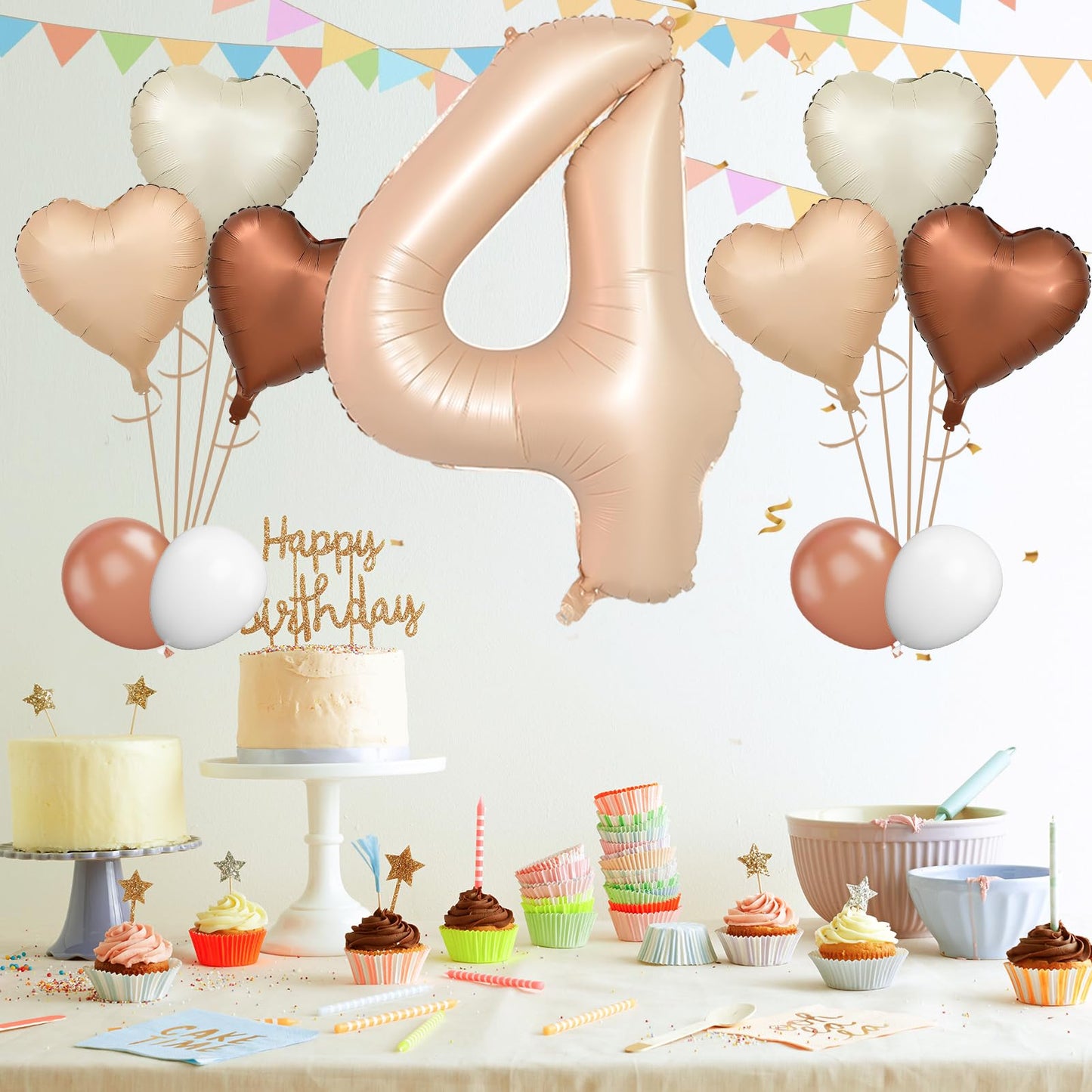 Biapian 40 Inch Light Brown Number 4 Balloons, Caramel Giant 4Th Birthday Balloons With Foil Cream Heart Balloon Helium For 4Th