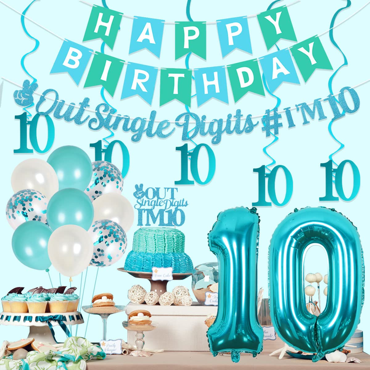 Joymemo 10Th Birthday Decorations For Girl Teal - Peace Out Single Digits I'M 10 Garland & Cake Topper Turquoise Happy Birthday Banner Number 10 Balloons Double Digits Birthday Party Supplies