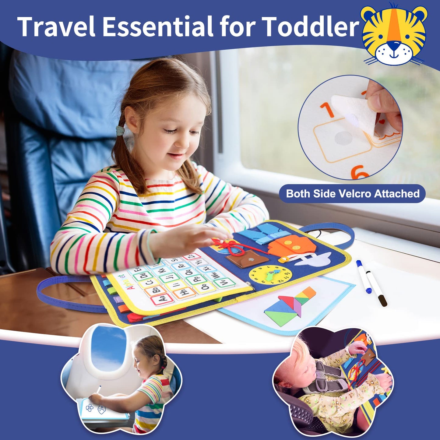 Busy Board For 1 2 3 4 Year Old Toddlers - Preschool Learning Activities Busy Book, Montessori Toys For Fine Motor Skills, Airplane Car Travel Essentials For Kids Boys Girls (Blue)